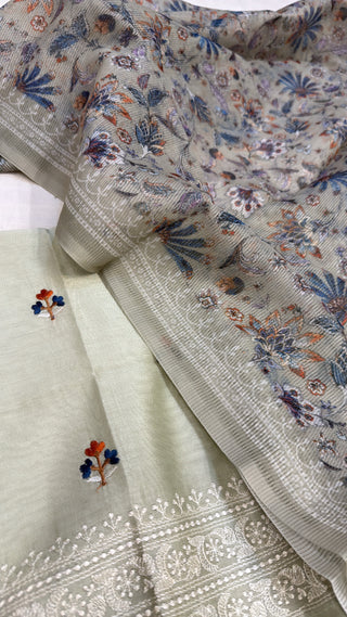 Sage green mul cotton resham hand embroidered kadhwa suit set