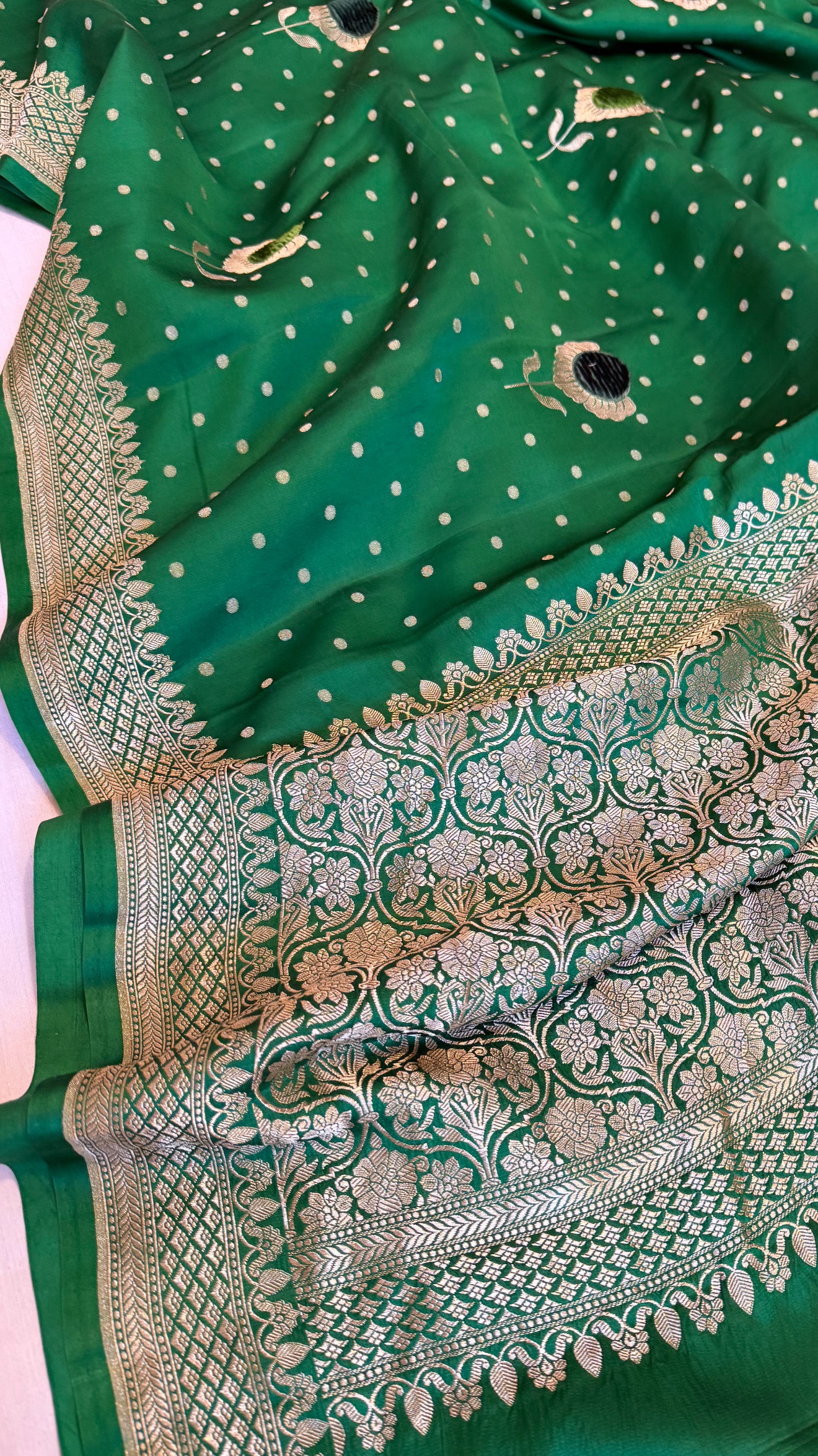 Bottle green banarasi mashru silk velvet buti kadhwa weaving saree