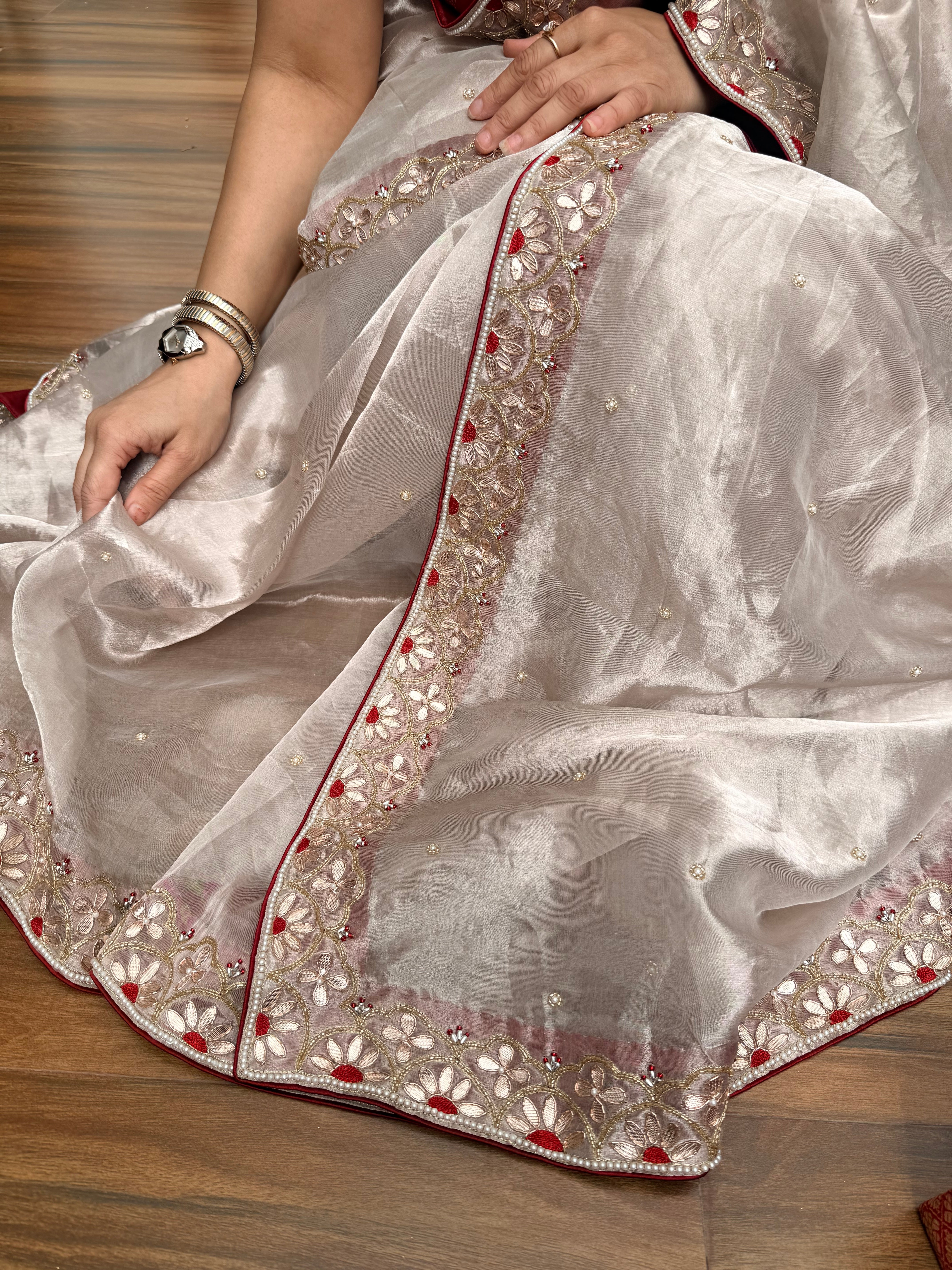 Tyohaar edit - Diamond tissue silk mirror and zardozi work hand embroidered saree