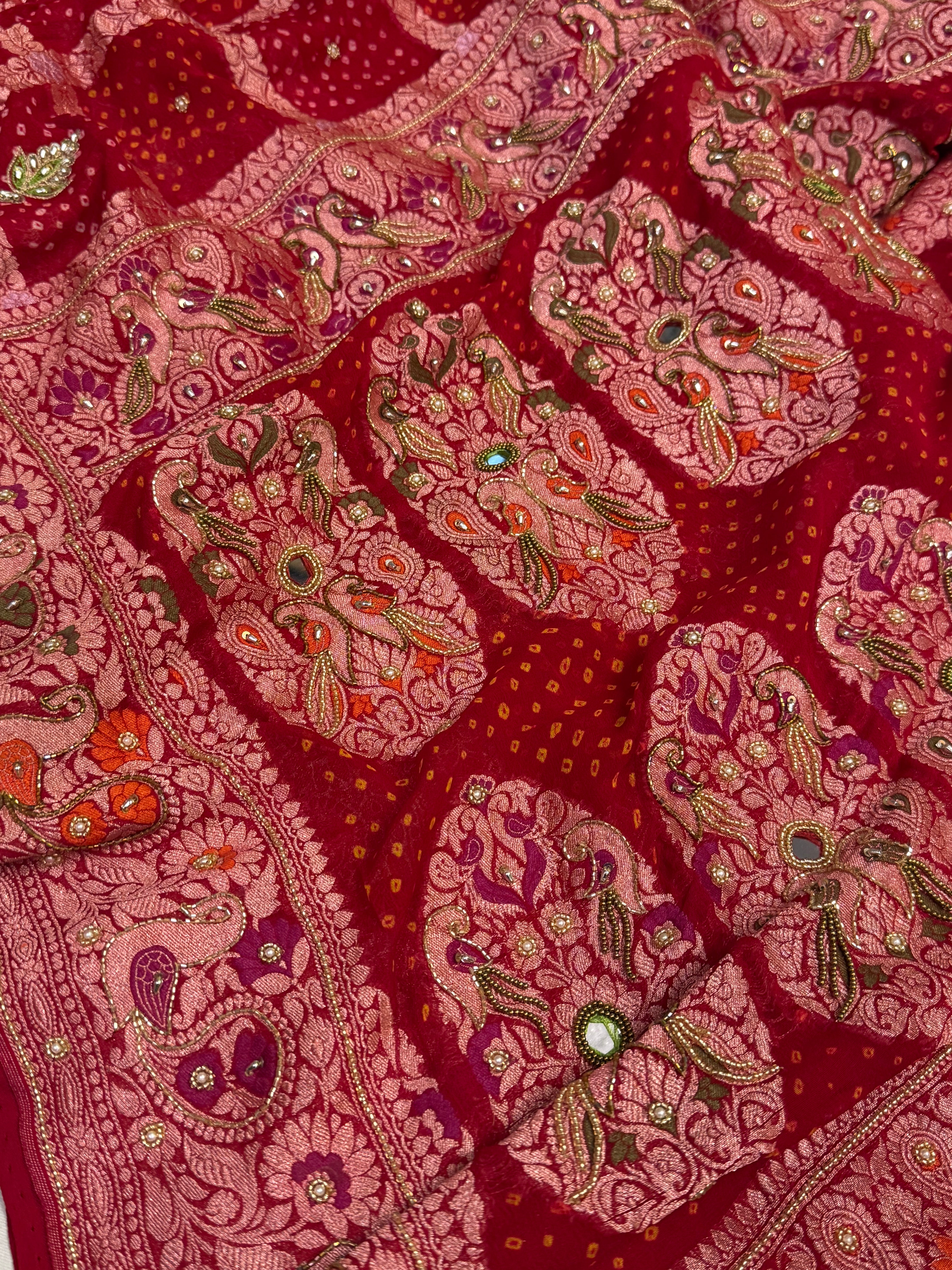 Red banarasi chiffon gorgette kadhwa hand embroidered gharchola weaving saree