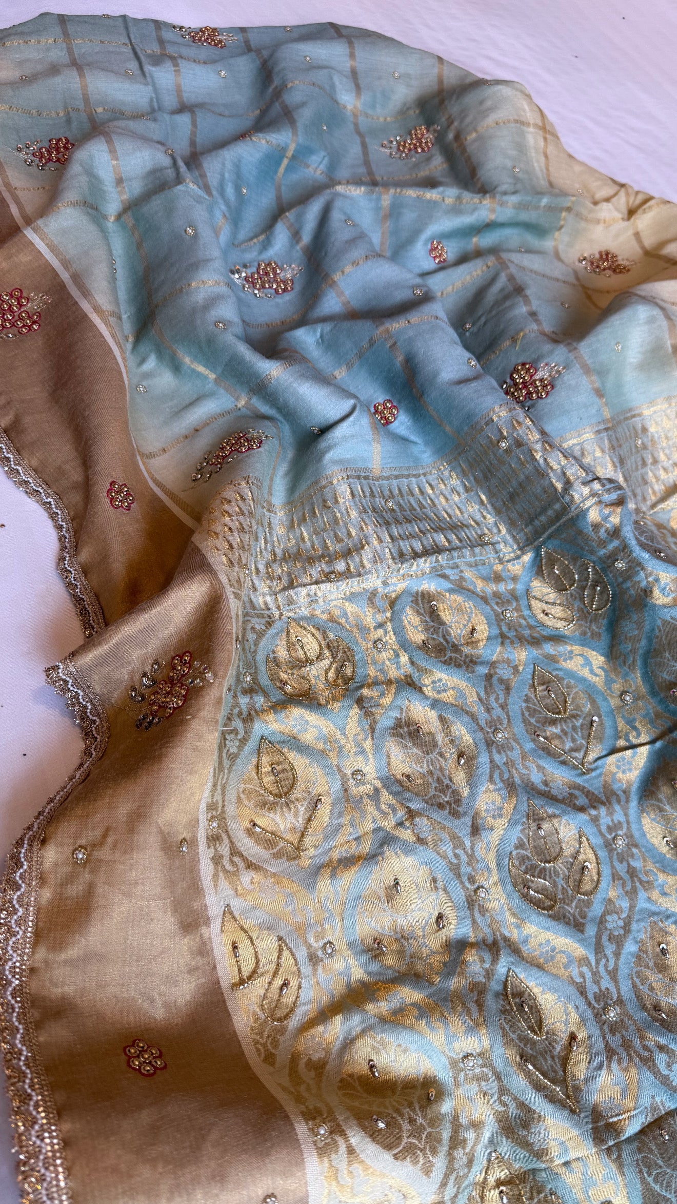 Ice blue ombre shaded moonga tussar silk kadhwa hand embroidered saree
