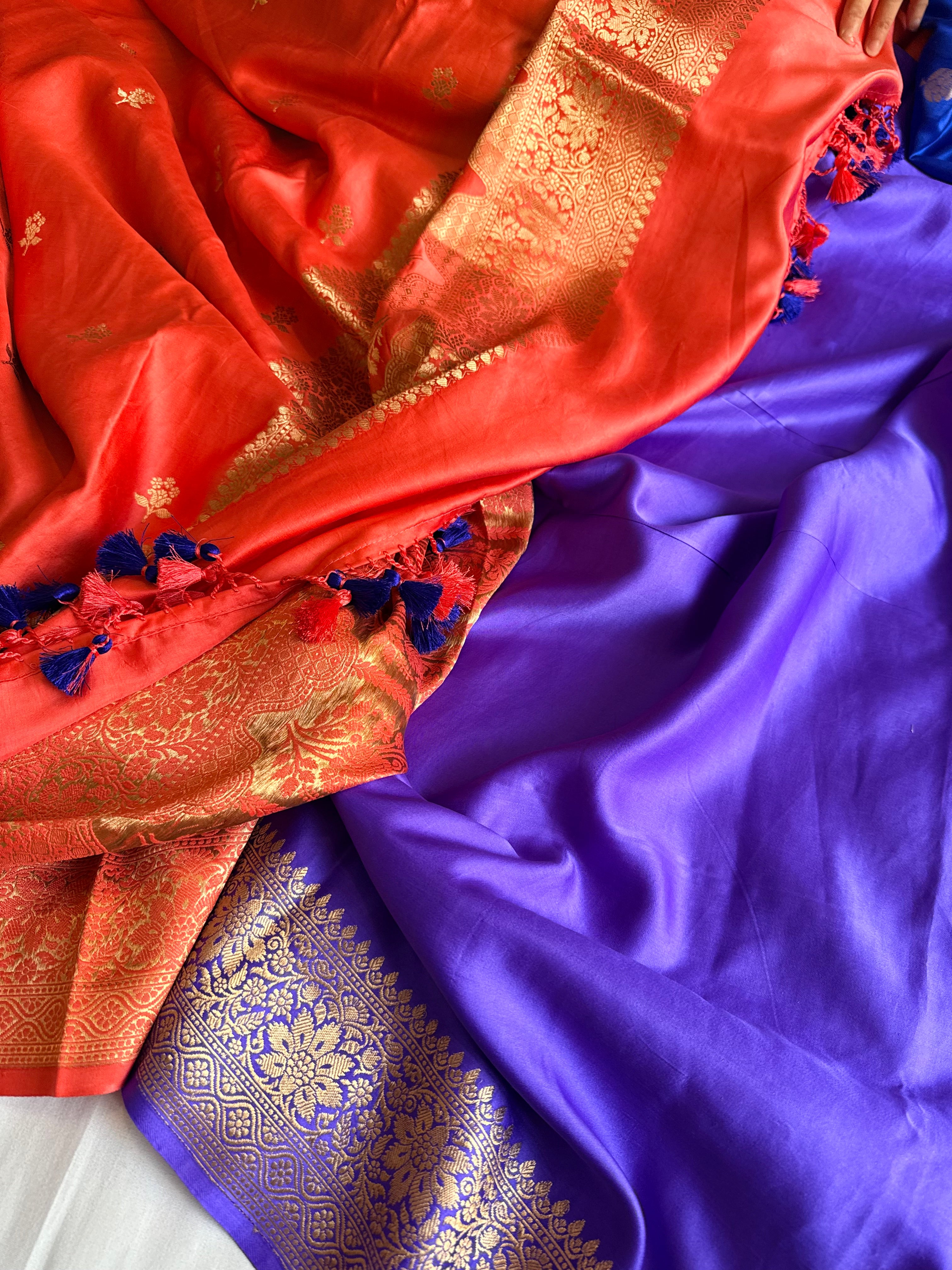 Tomato red banarasi mashru silk kadhwa buti saree