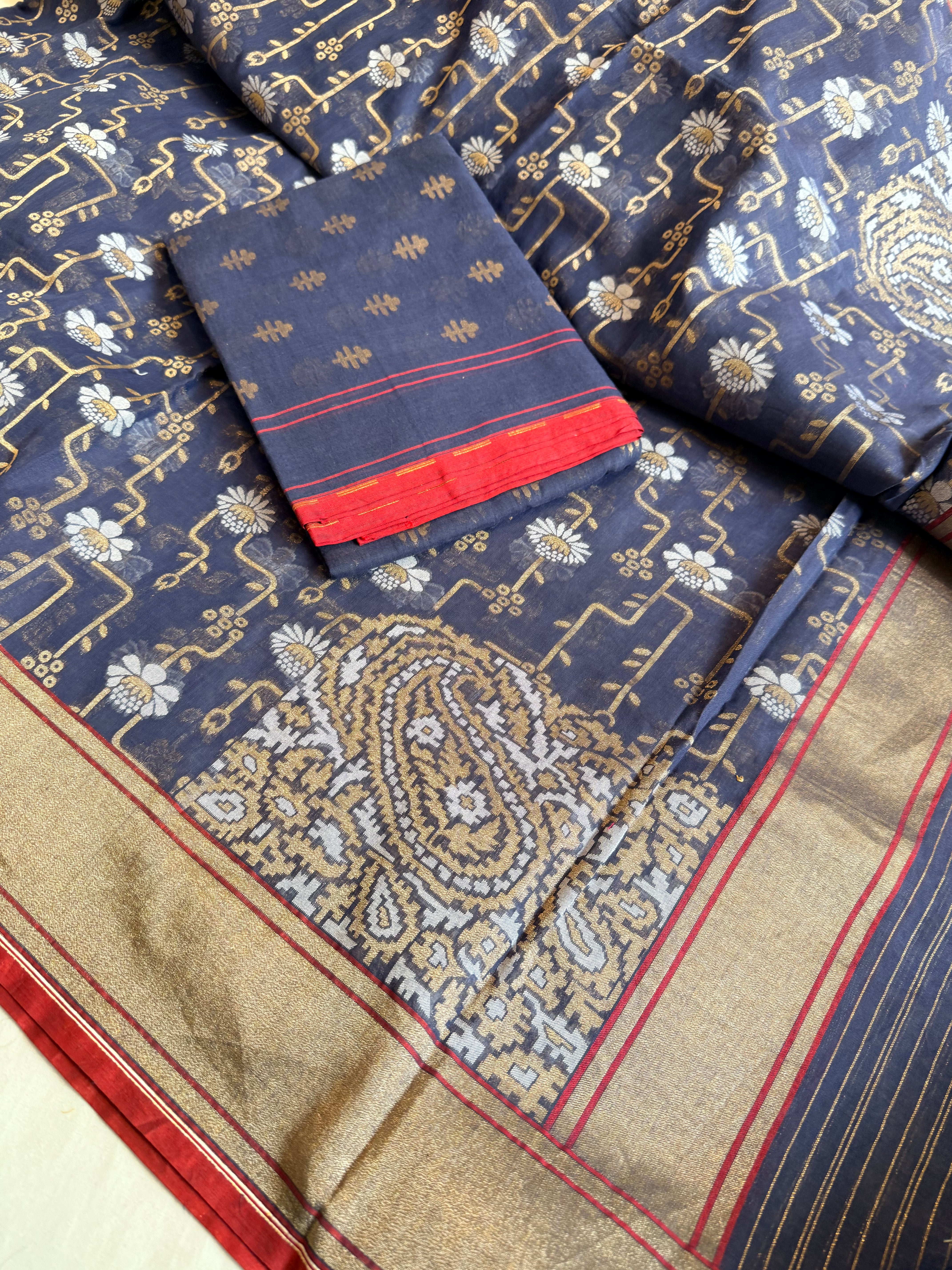 Banarasi iktara cotton jamdani navy blue sona rupa kadhwa suit set