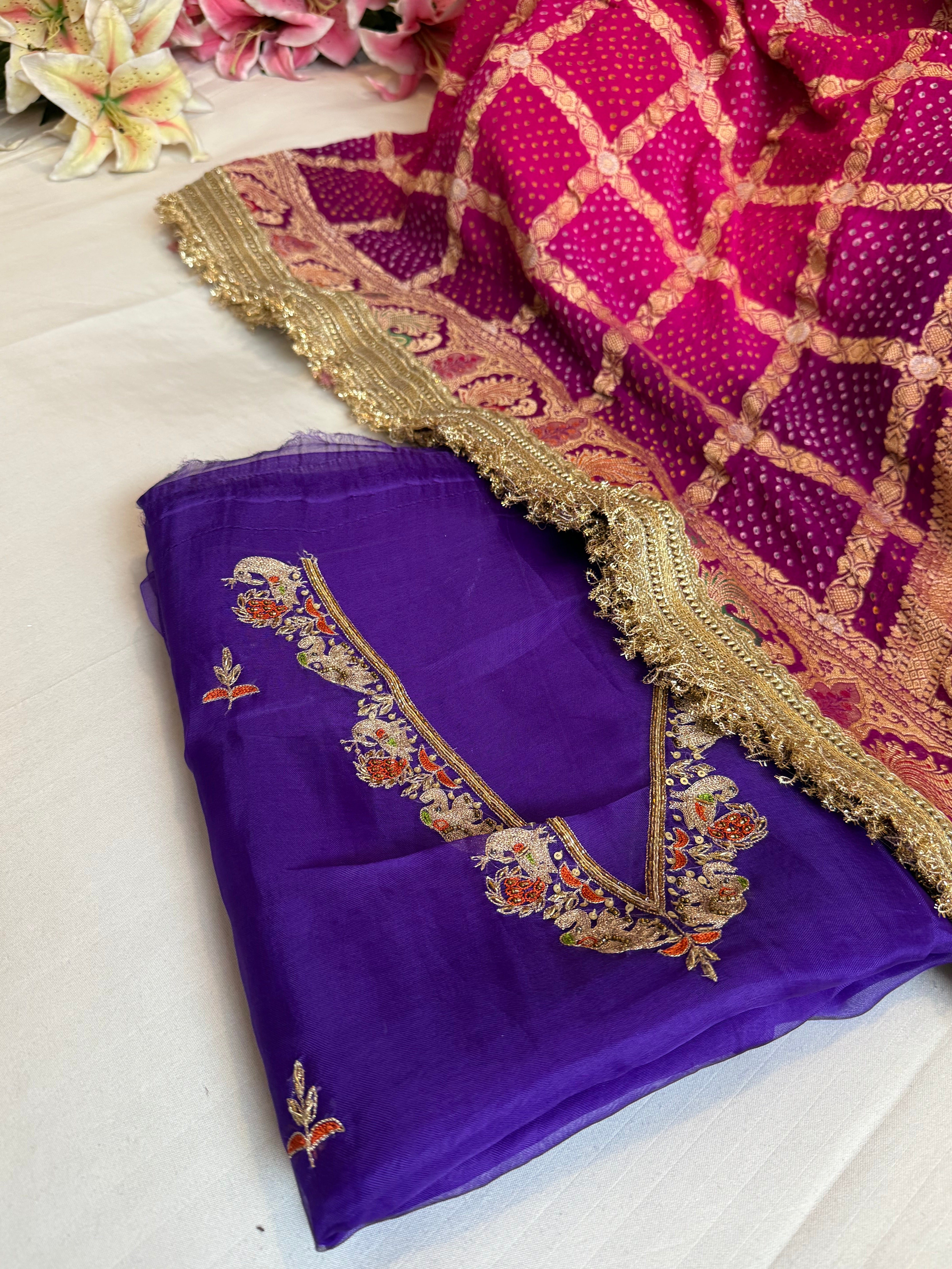 Rai bandhej gorgette kadhwa hand embroidered suit set