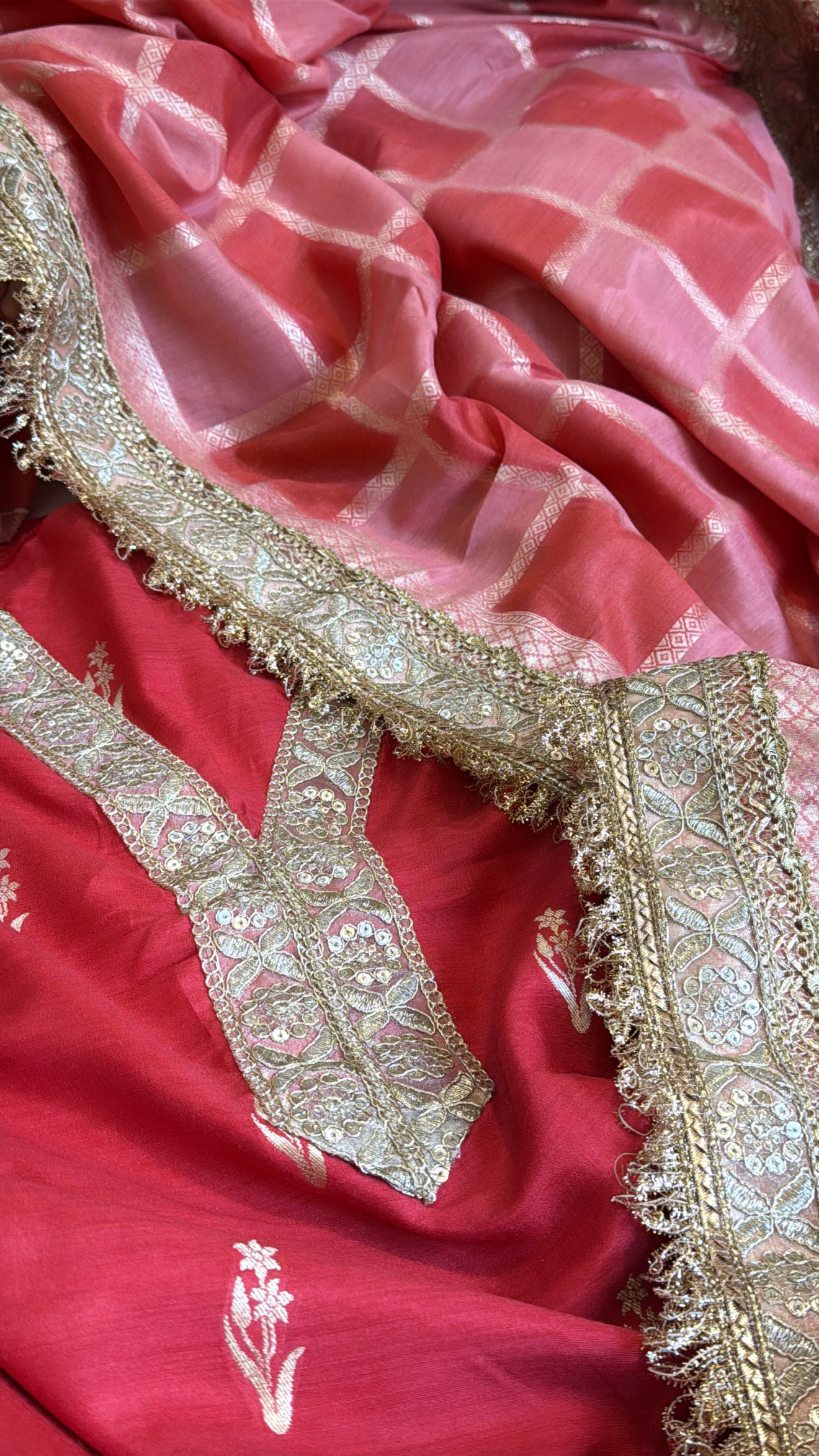 Cherry red rangkaat dye chaukadi weaving silk kadhwa suit set