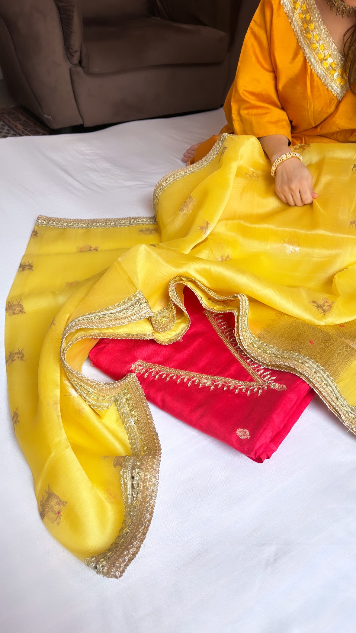 blood red-golden yellow kadhwa hand embroidered suit set from vyaah wala ghar edit