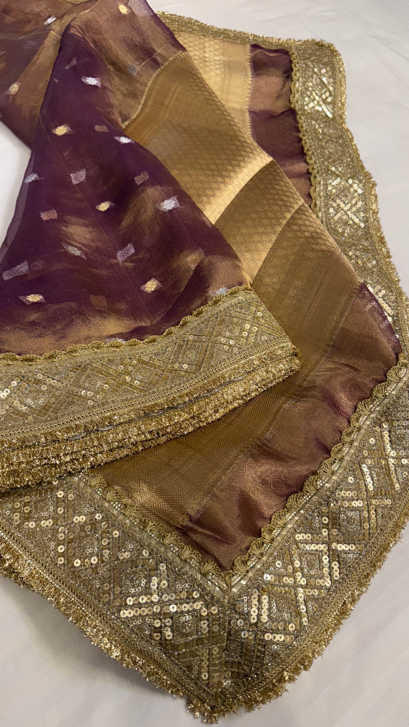 Maharani deep grapewine purple tissue silk kadhwa buti saree
