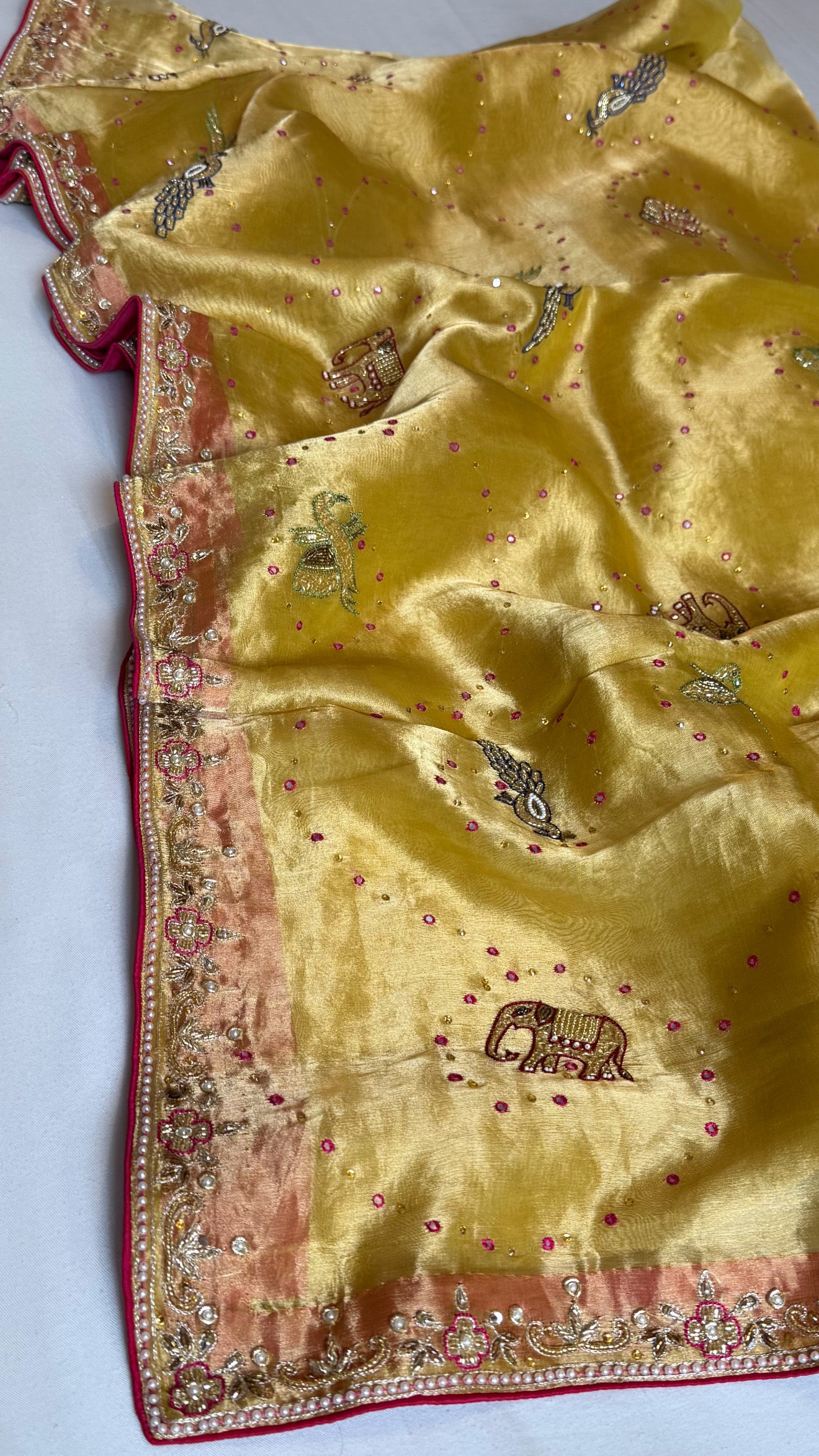 Shikarbagh edit tissue silk hand embroidered kadhwa saree