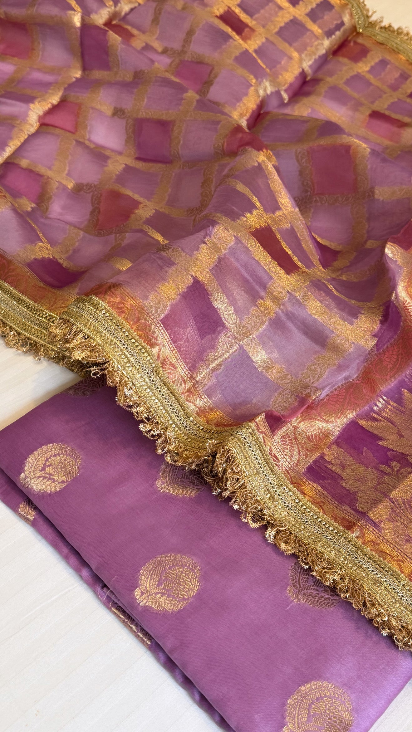 Shades of purple - Kora silk rangkaat kadhwa duppata paired with silk kurta set
