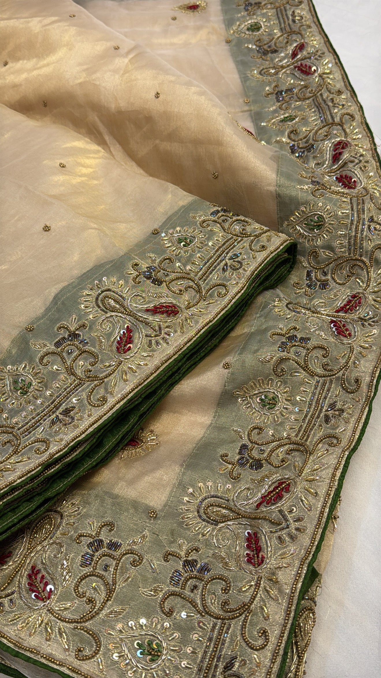 Golden zardozi heavy hand embroidered husn tissue silk contrast border saree