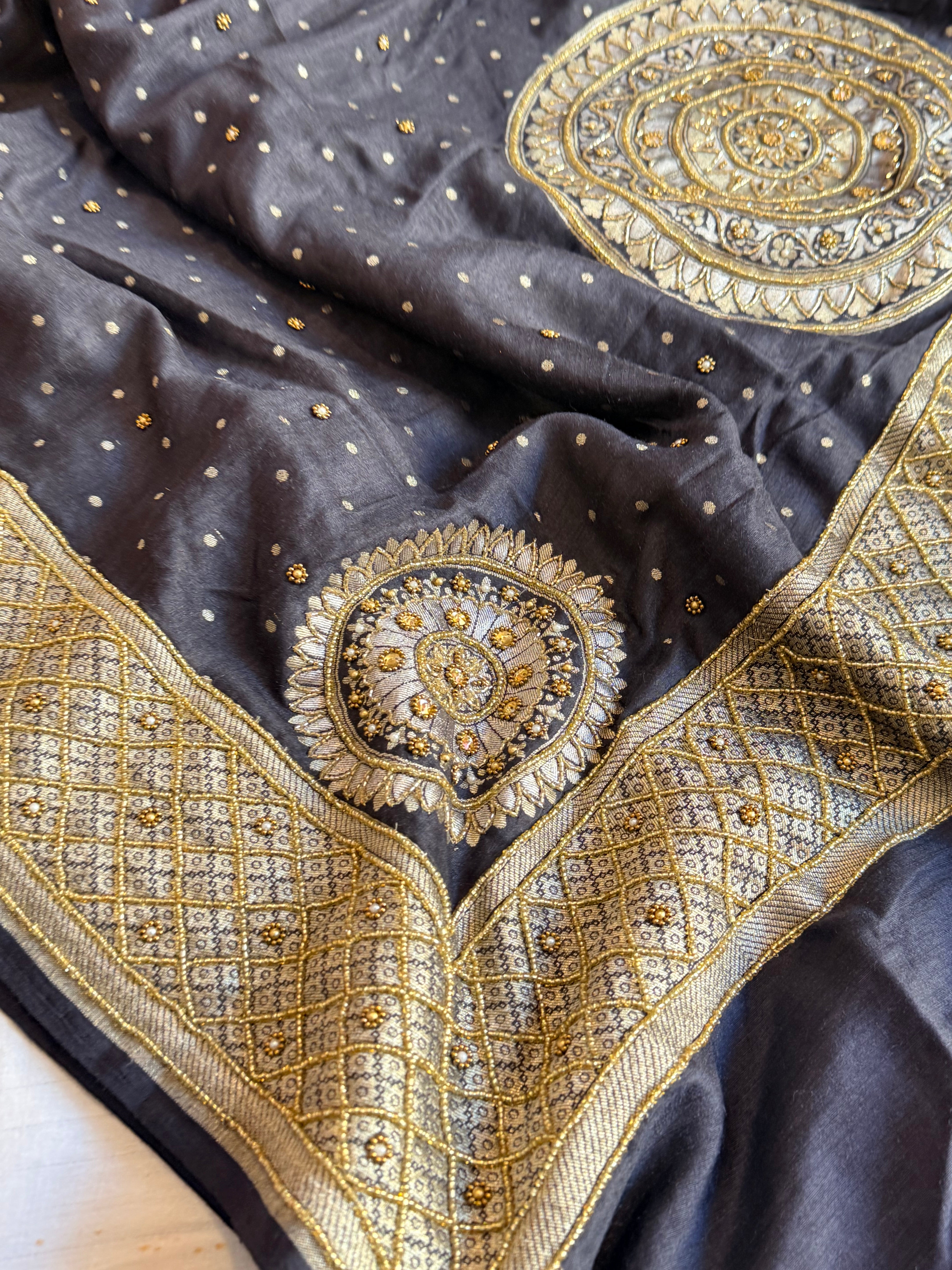 Banarasi moonga silk charcoal black hand embroidered kadhwa saree