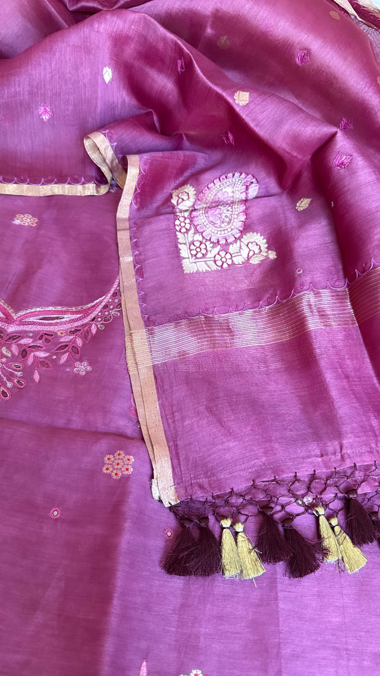 Bright lavender resham thread hand embroidered linen gorgette suit set