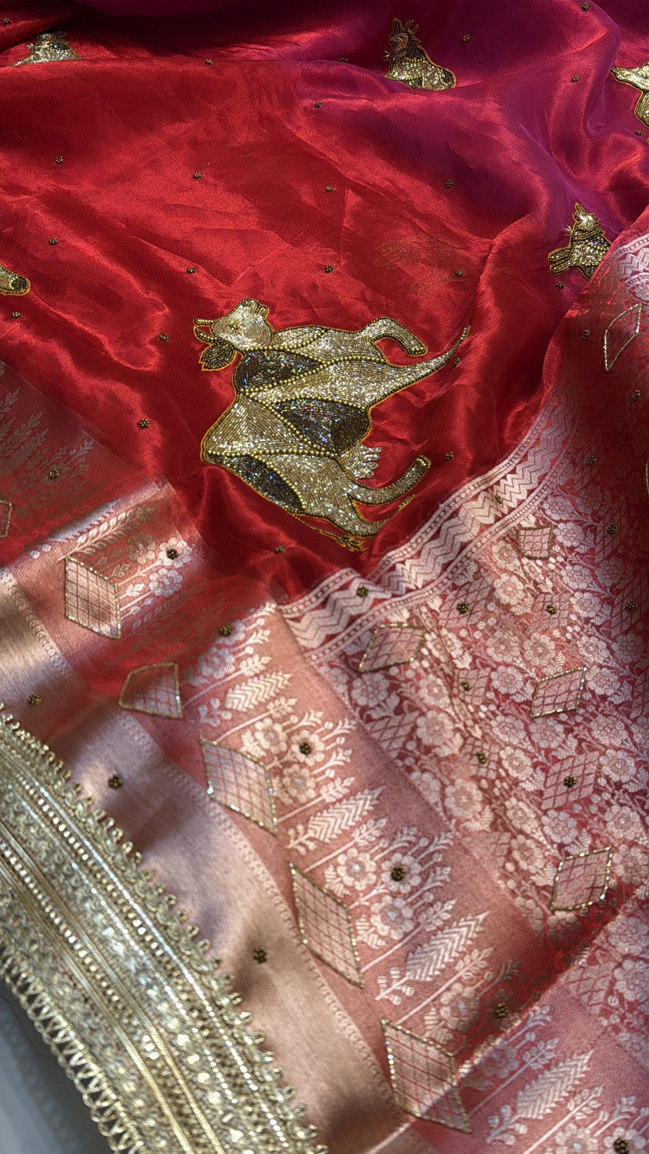 Dulhan ka joda husn red tissue silk hand embroidered saree