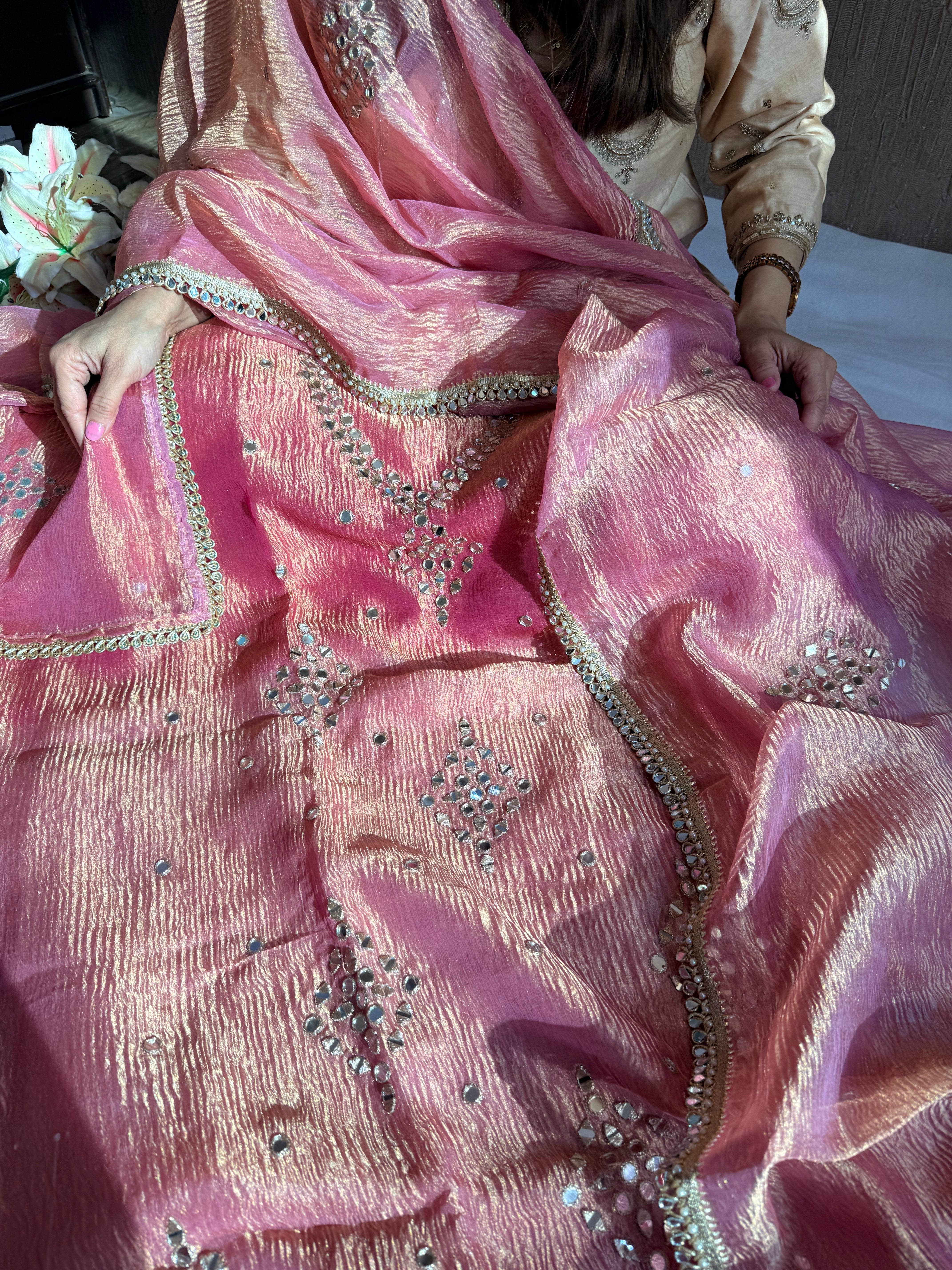 Banarasi tissue silk mirrorwork hand embroidered crushed suit sets