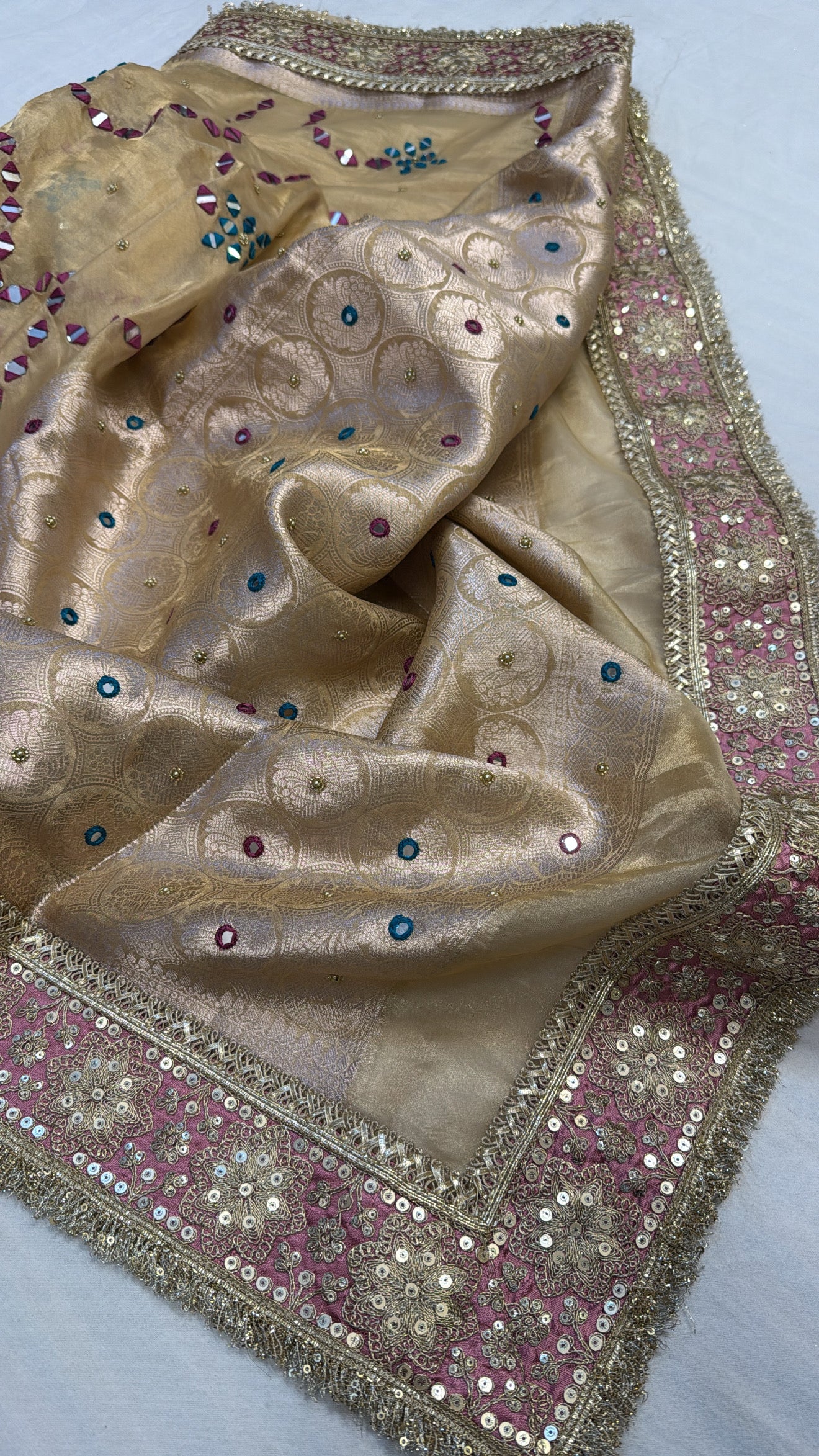 Golden kutchi mirror work hand embroidered husn tissue silk saree