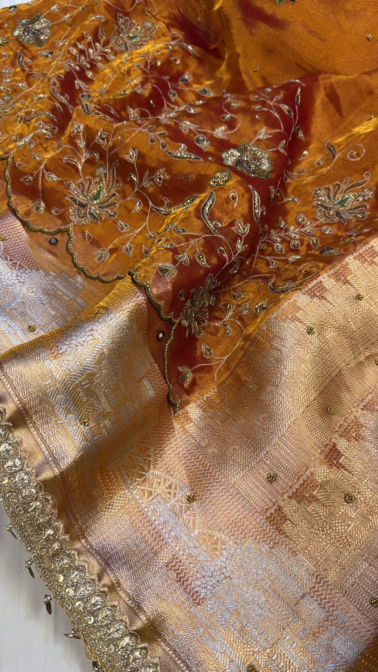 Burnt orange ghat woven border tissue silk heavy hand embroidered saree