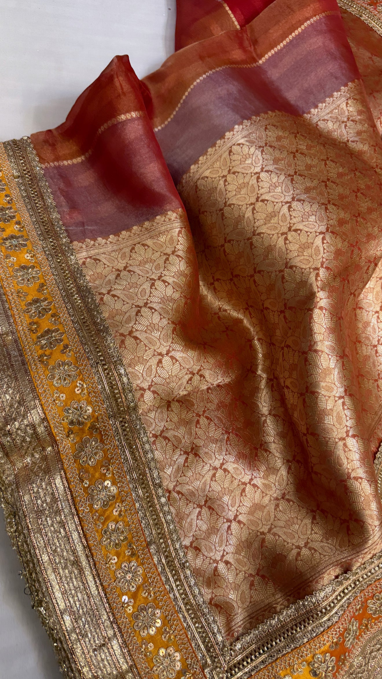 Maharani tomato red tissue silk kadhwa striped saree