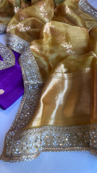 Banarasi purple-olive gold kora silk gotapatti kadhwa suit sets