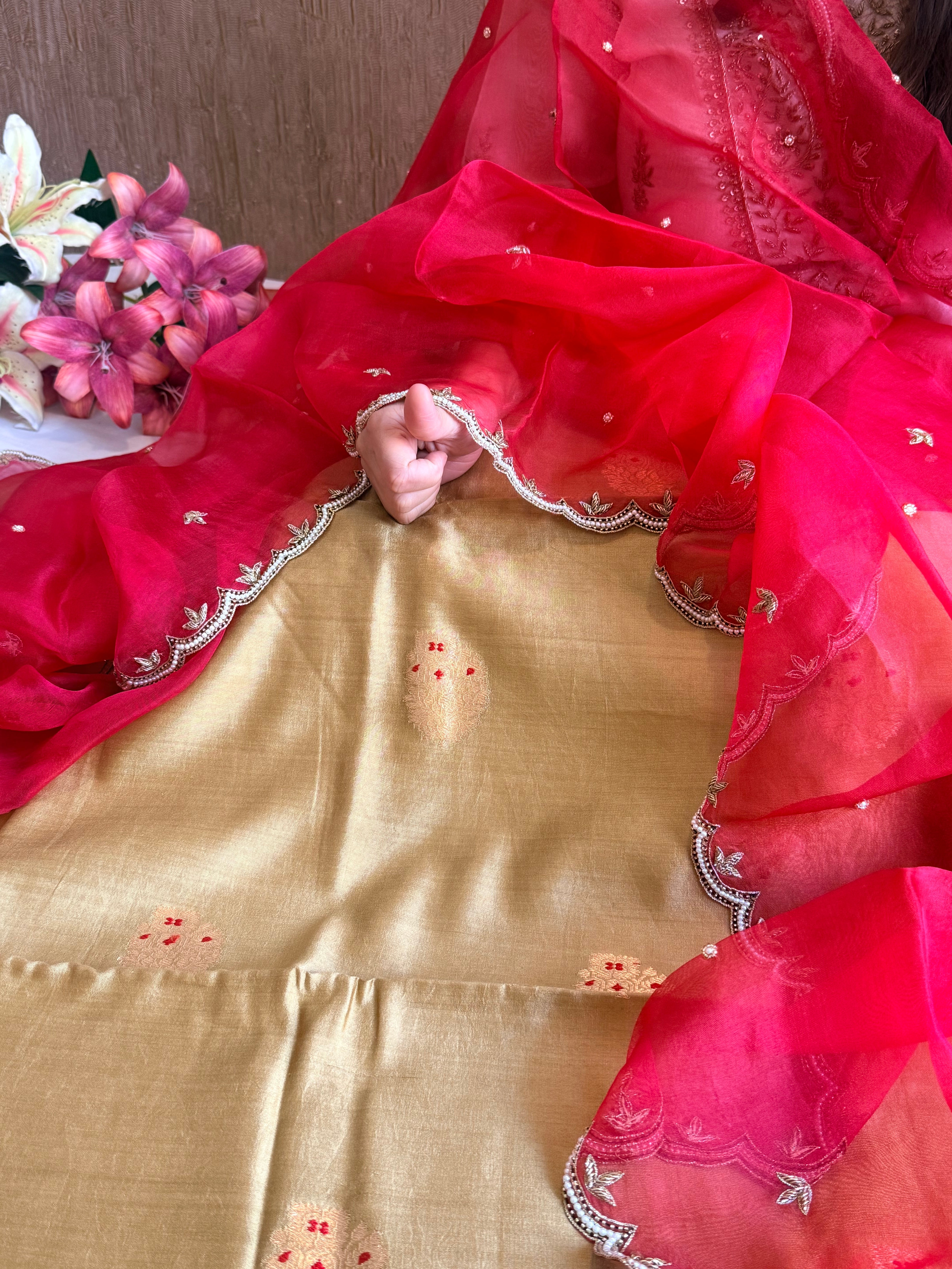 Beige-red chiniya silk kadhwa buta kurta paired with kora silk red duppata