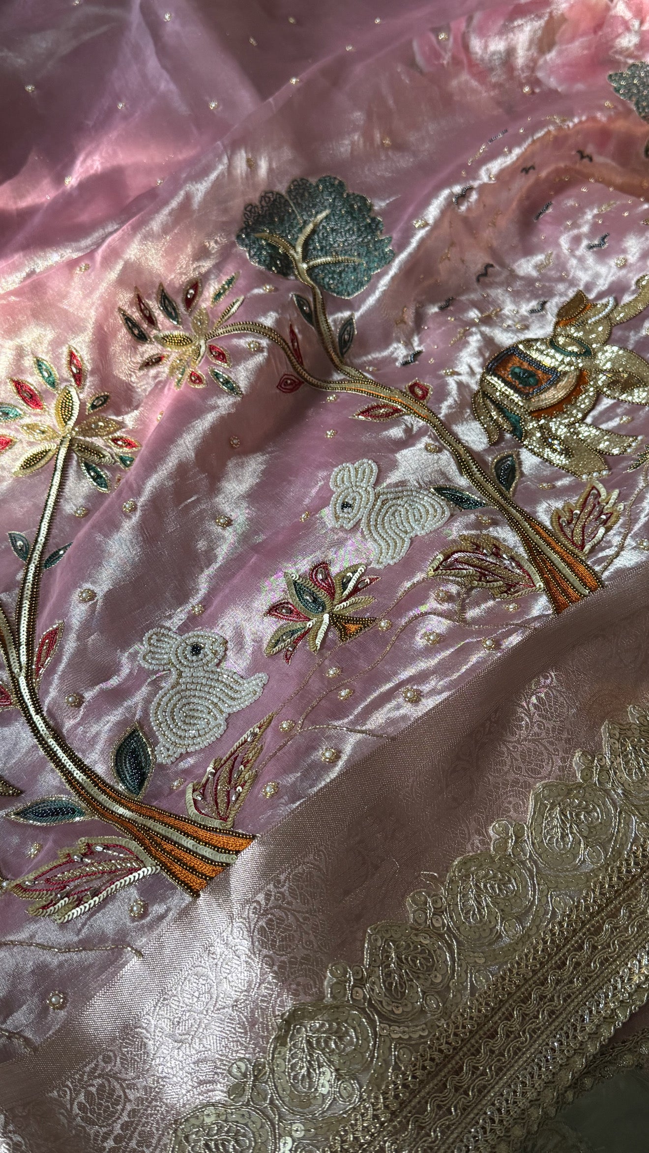 First meeting wali saree - Blush pink elephant and jungle motif hand embroidered tissue silk saree
