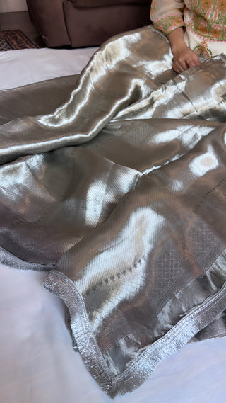 Metallic silver tissue brocade saree