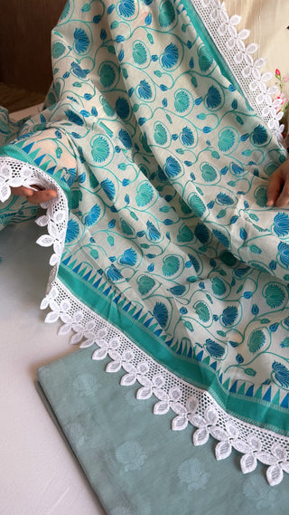Sage green mul cotton banarasi resham meenakari kadhwa suit set