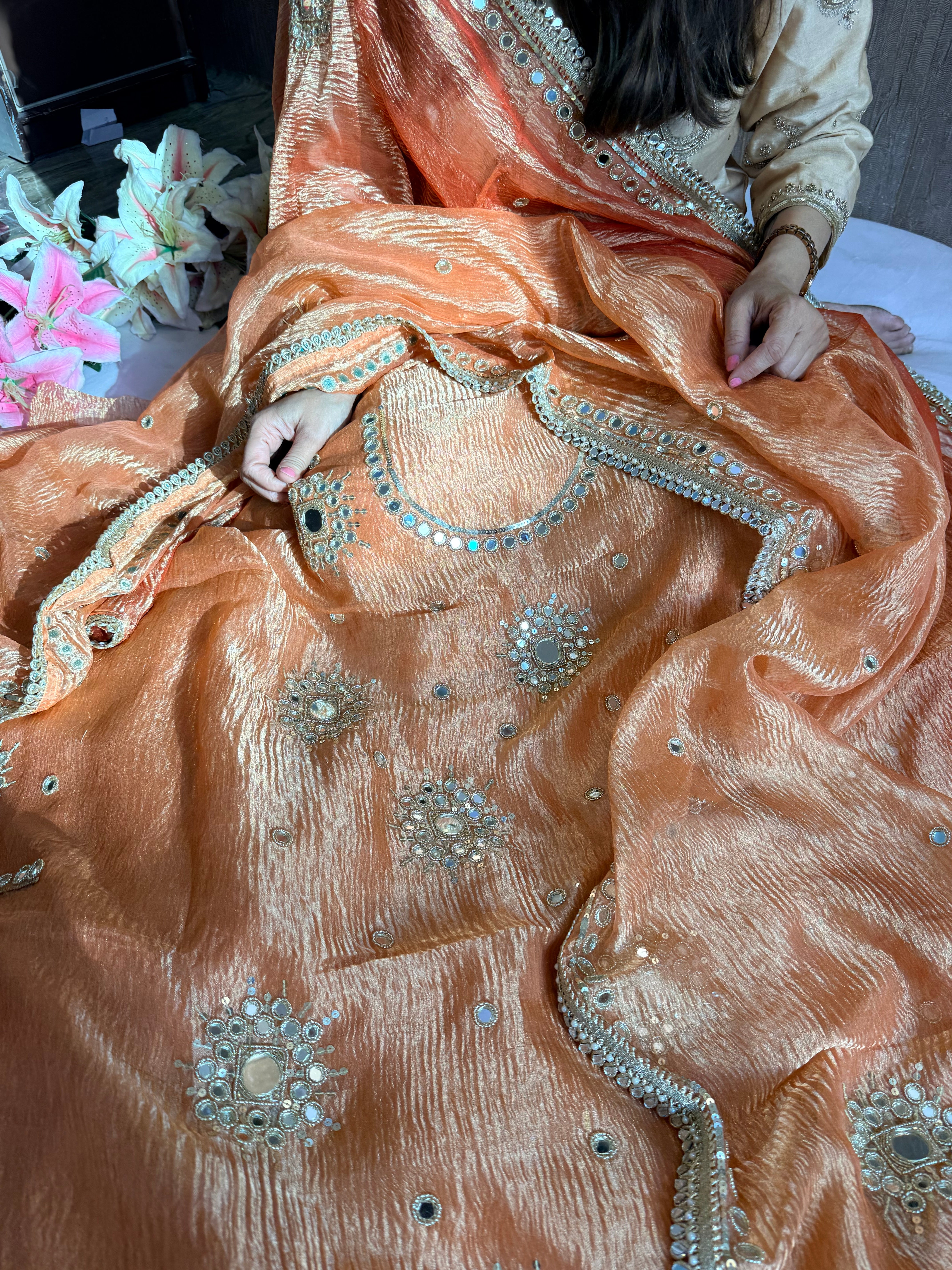 Banarasi tissue silk mirrorwork hand embroidered crushed suit sets