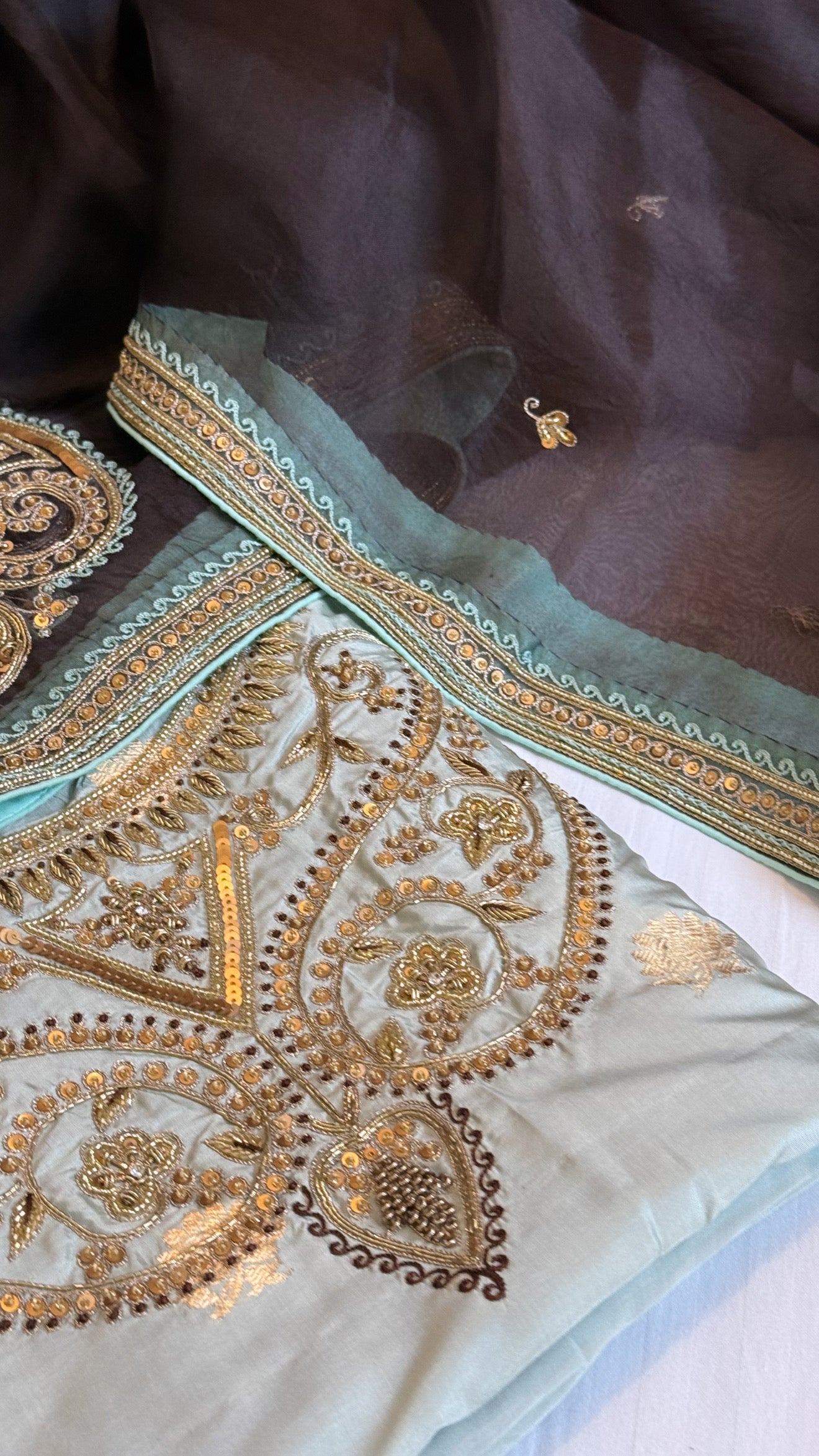 Mint blue - Brown shade katan silk hand embroidered kurta paired with kora silk zardozi duppata