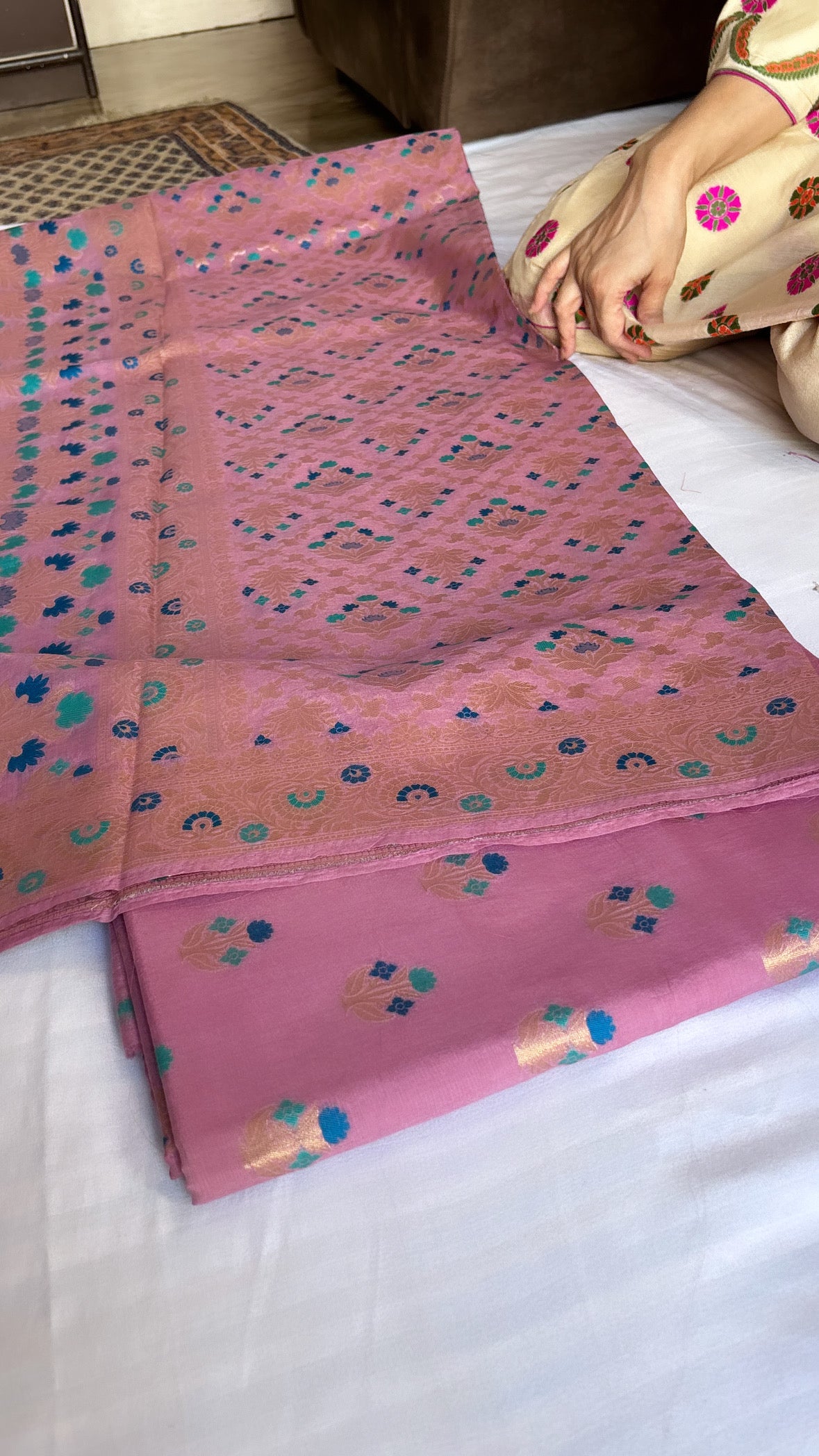 Banarasi soft pink cotton resham meenedar suit set