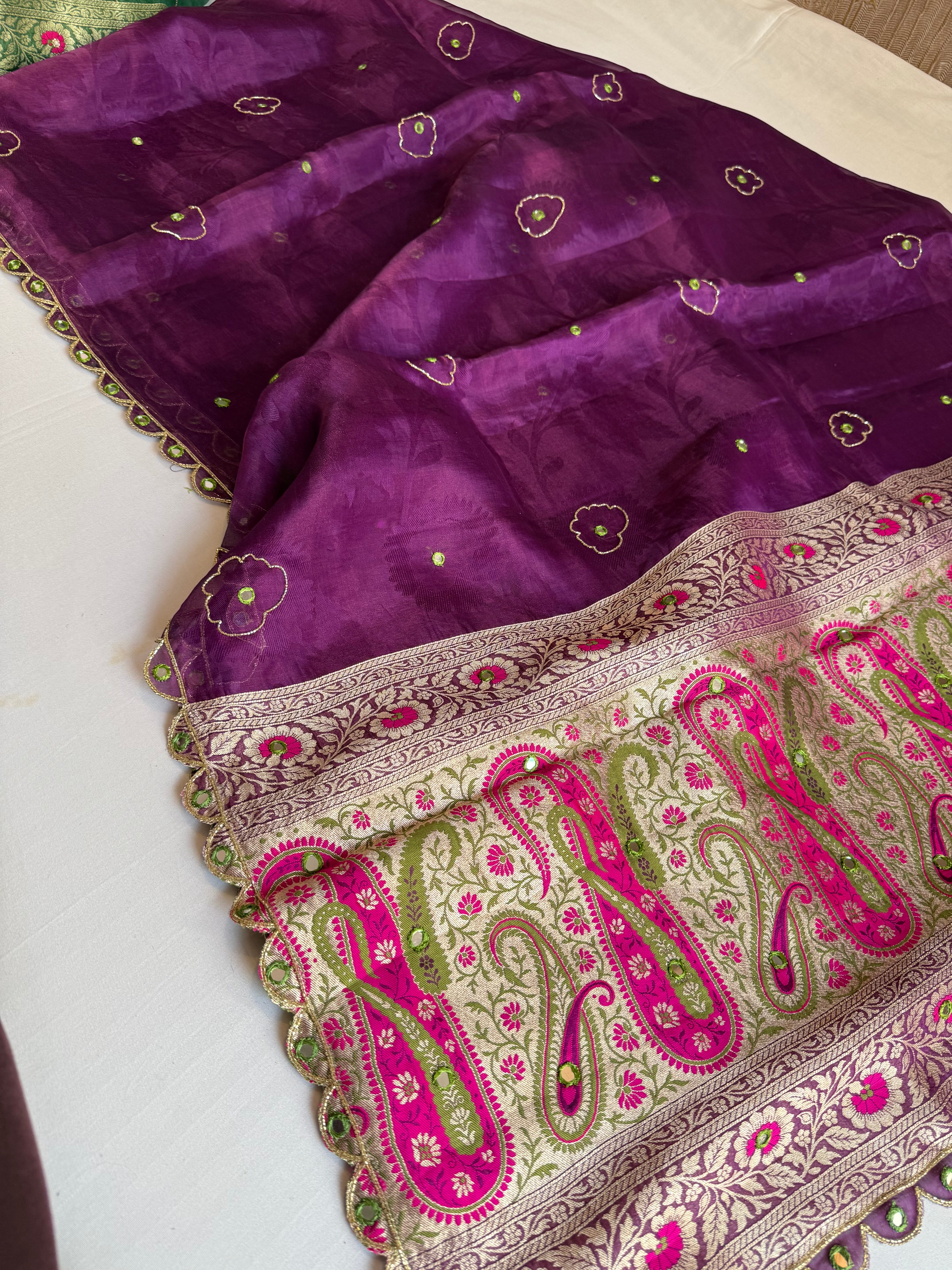 Brinjal purple tissue tanchoi meenakari jamevar pallu hand embroidered saree