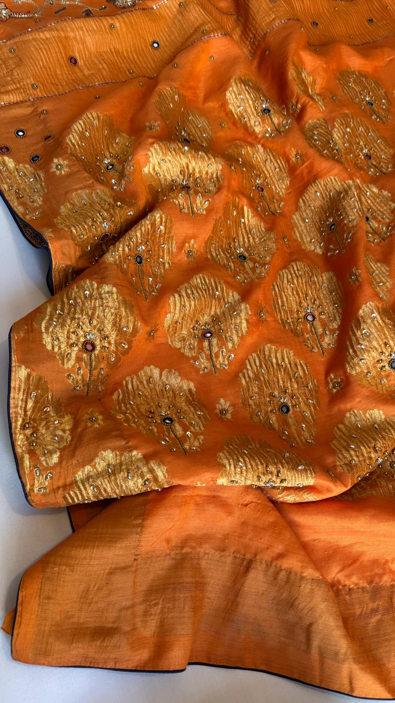 Mastani edit - Fanta orange moonga silk hand embroidered kadhwa saree