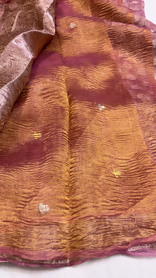 Pure banarasi purple crushed tissue silk handwoven kadhwa saree with intricate border and kadhwa blouse