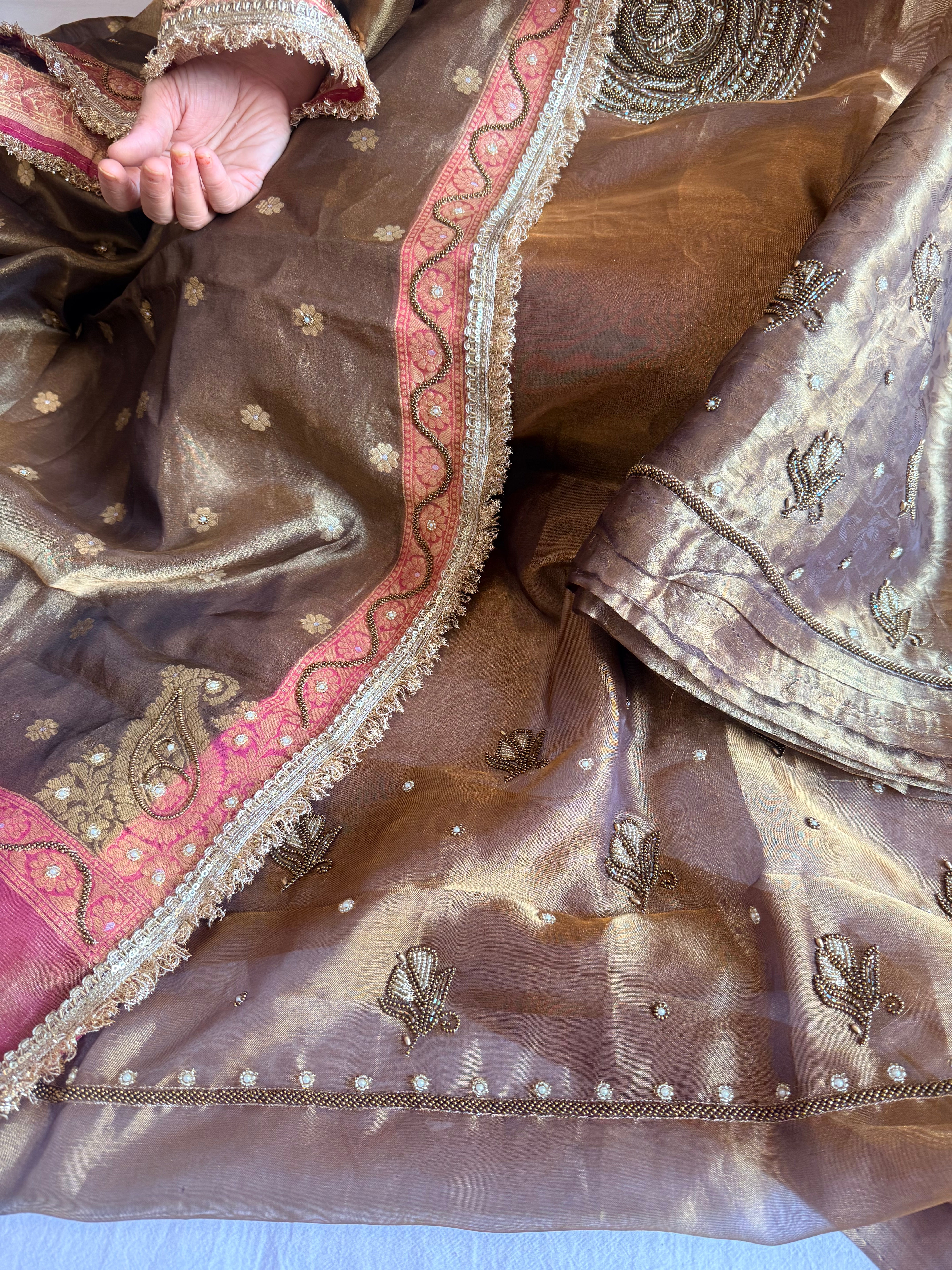 Jahnvi kapoor inspired mandala design molten brown tissue silk suit set