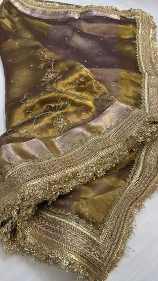 Dulhan wali saree - Olive gold tissue silk heavy hand embroidered saree