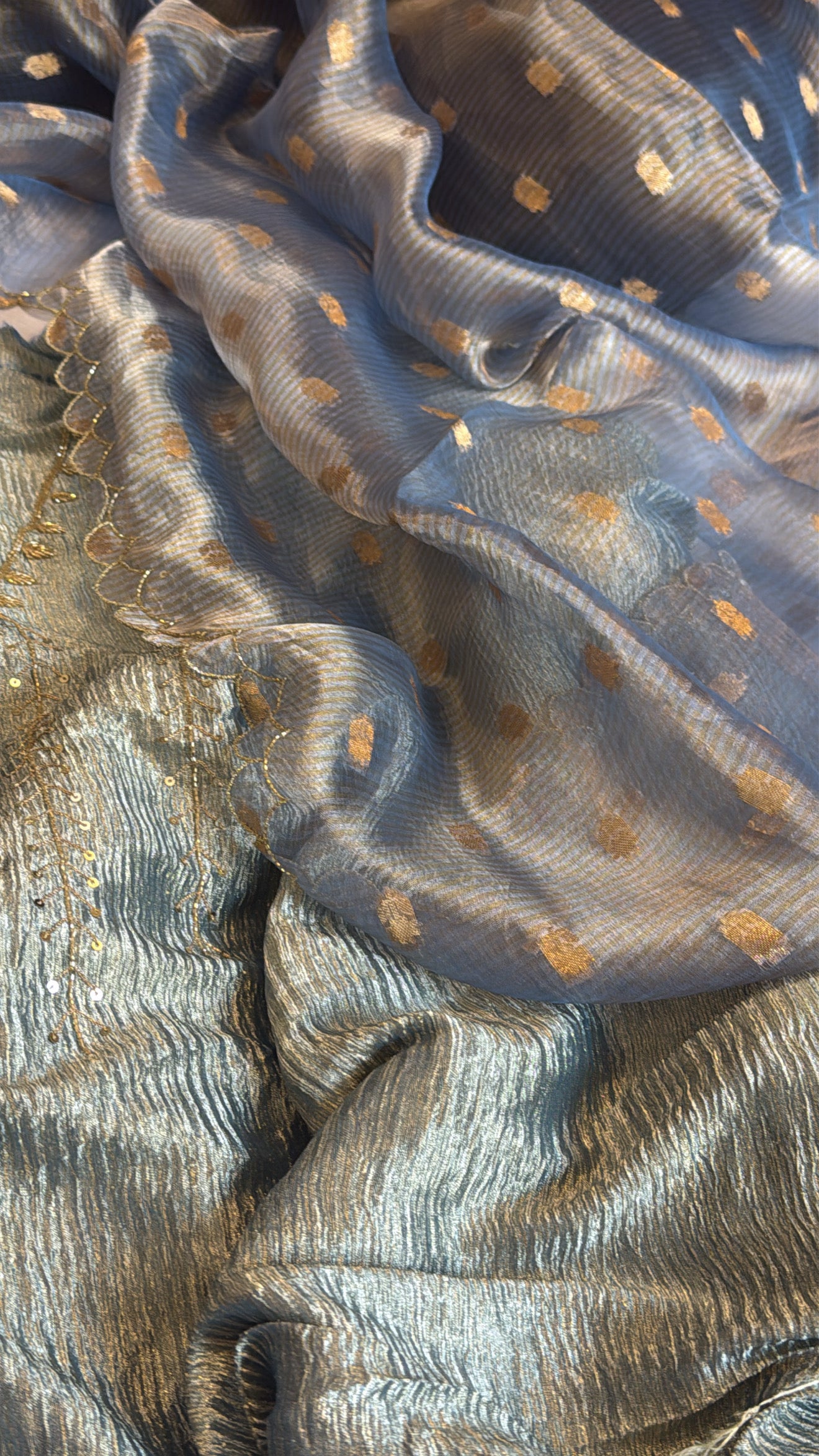 Navy blue crushed tissue silk hand embroidered kadhwa suit set