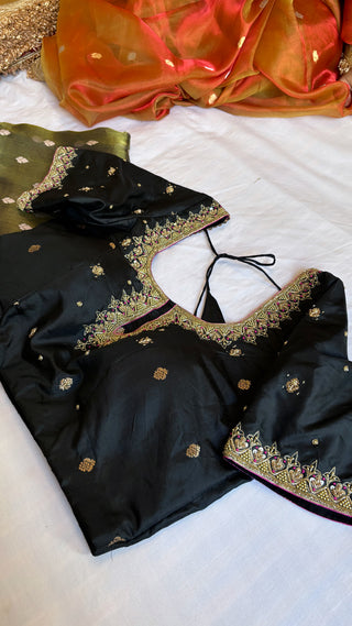 Sitara black katan silk hand embroidered blouse piece               SIZE - 36 to 38