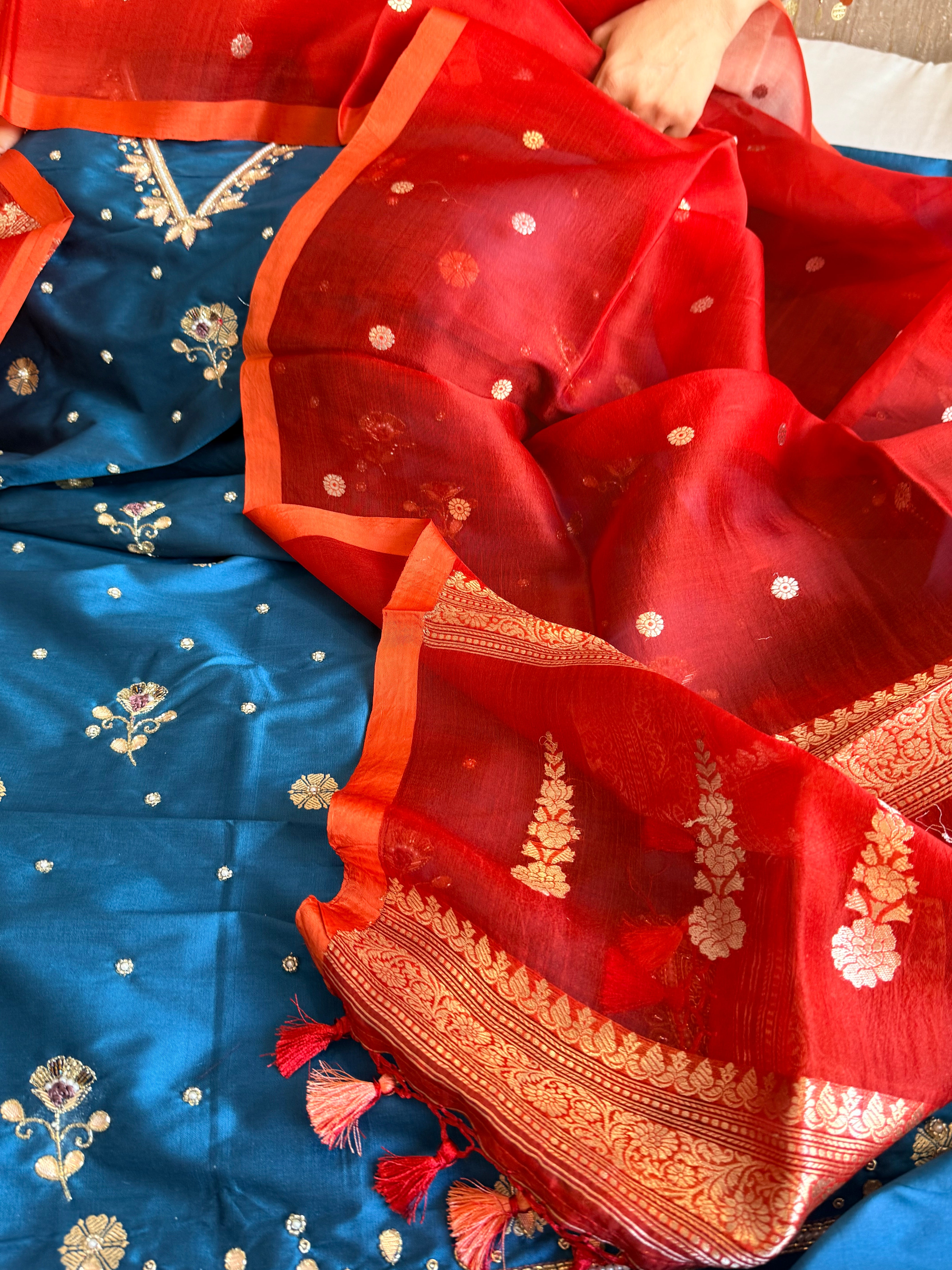 Katan silk hand embroidered banarasi kurta paired with kora silk duppata