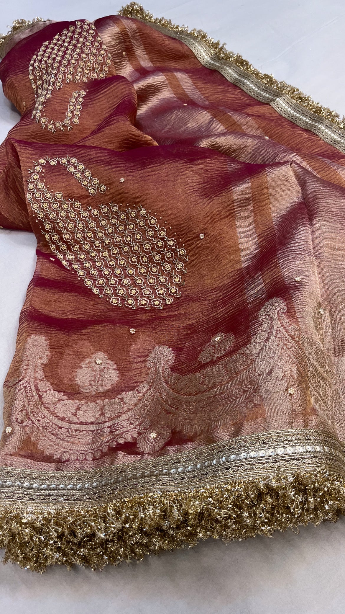 Husn cherry pink tissue silk hand embroidered saree