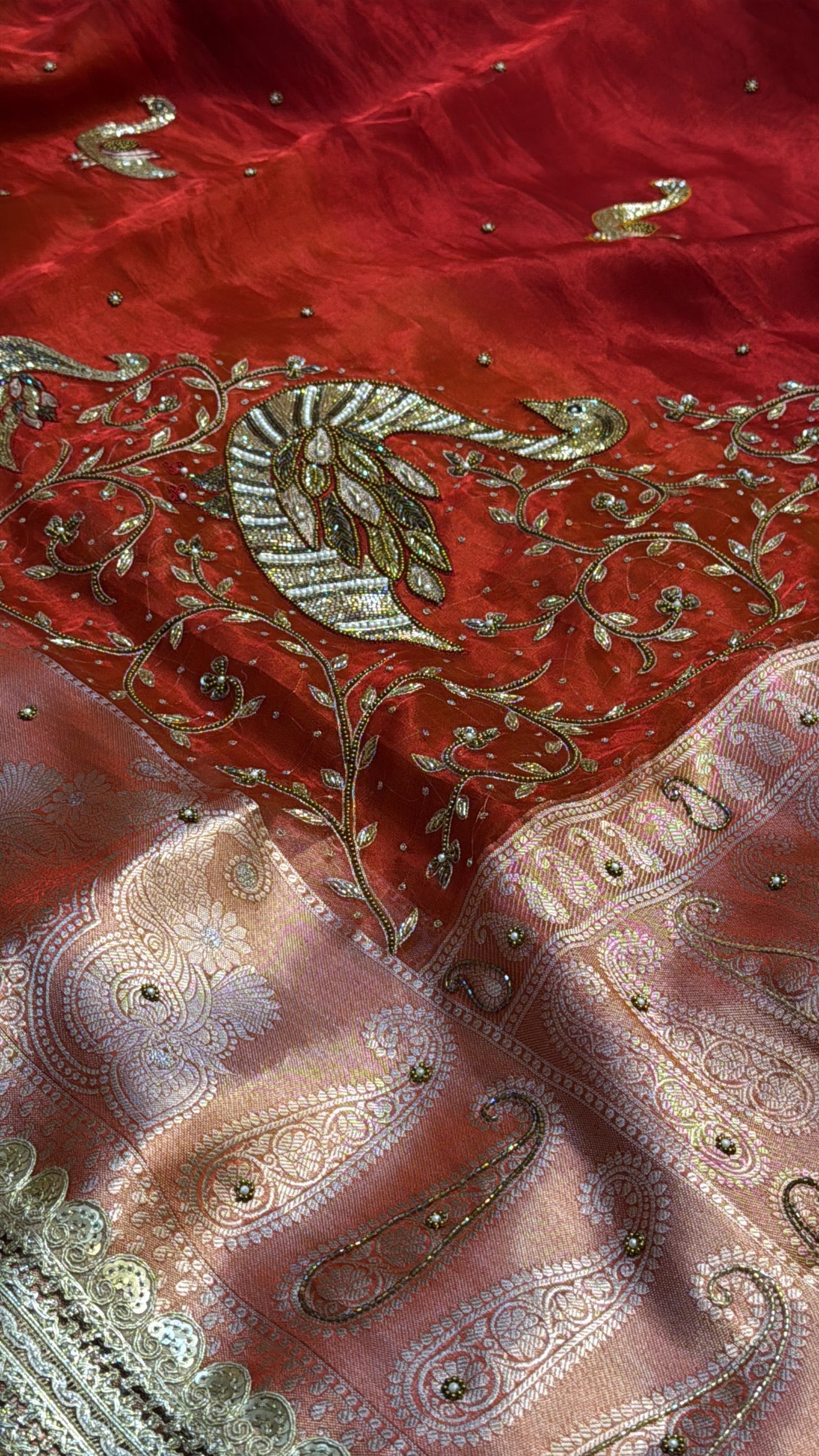 Dulhan ka joda husn red tissue silk hand embroidered saree