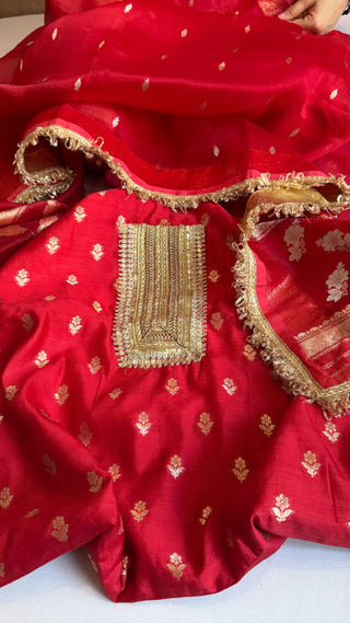 Deep red kora silk kadhwa buti gotapatti suit set