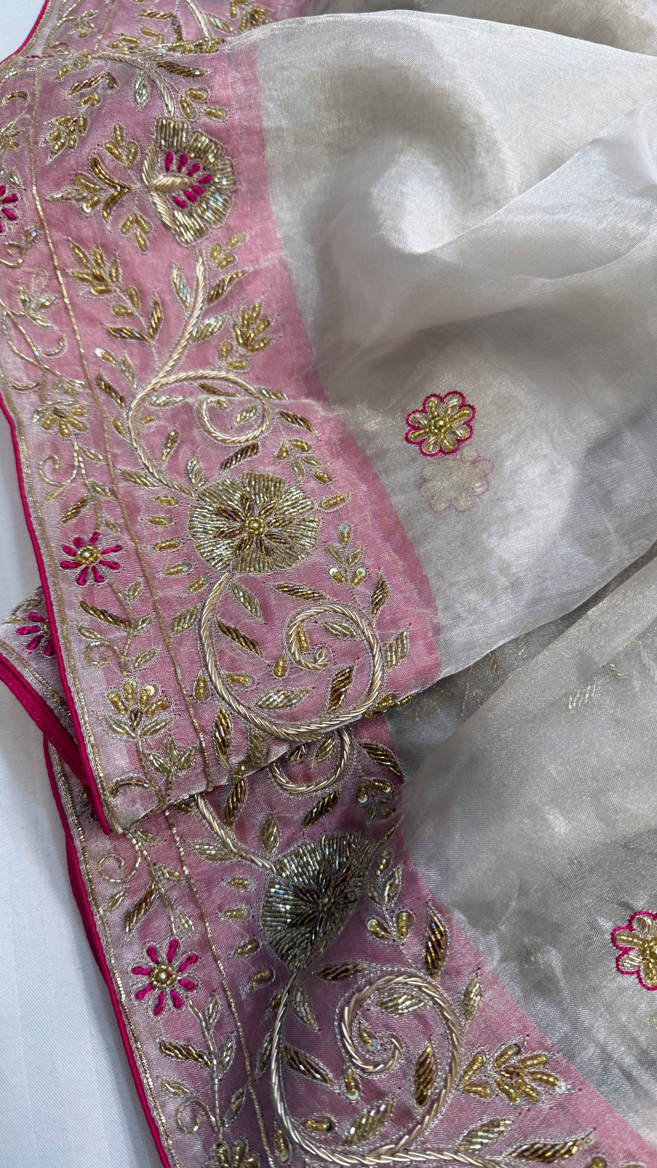 Gulab ki pankhuri husn tissue silk heavy zardozi hand embroidered border saree