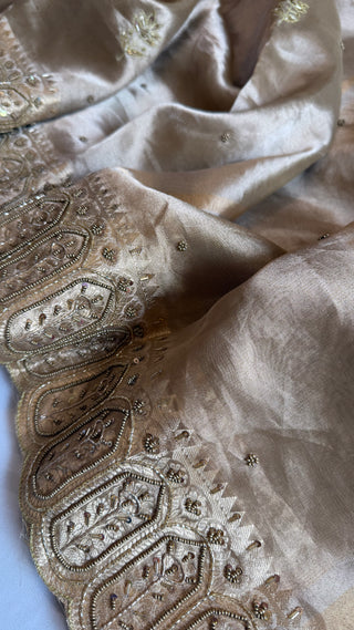 Husn soft golden tissue silk heavy hand embroidered saree