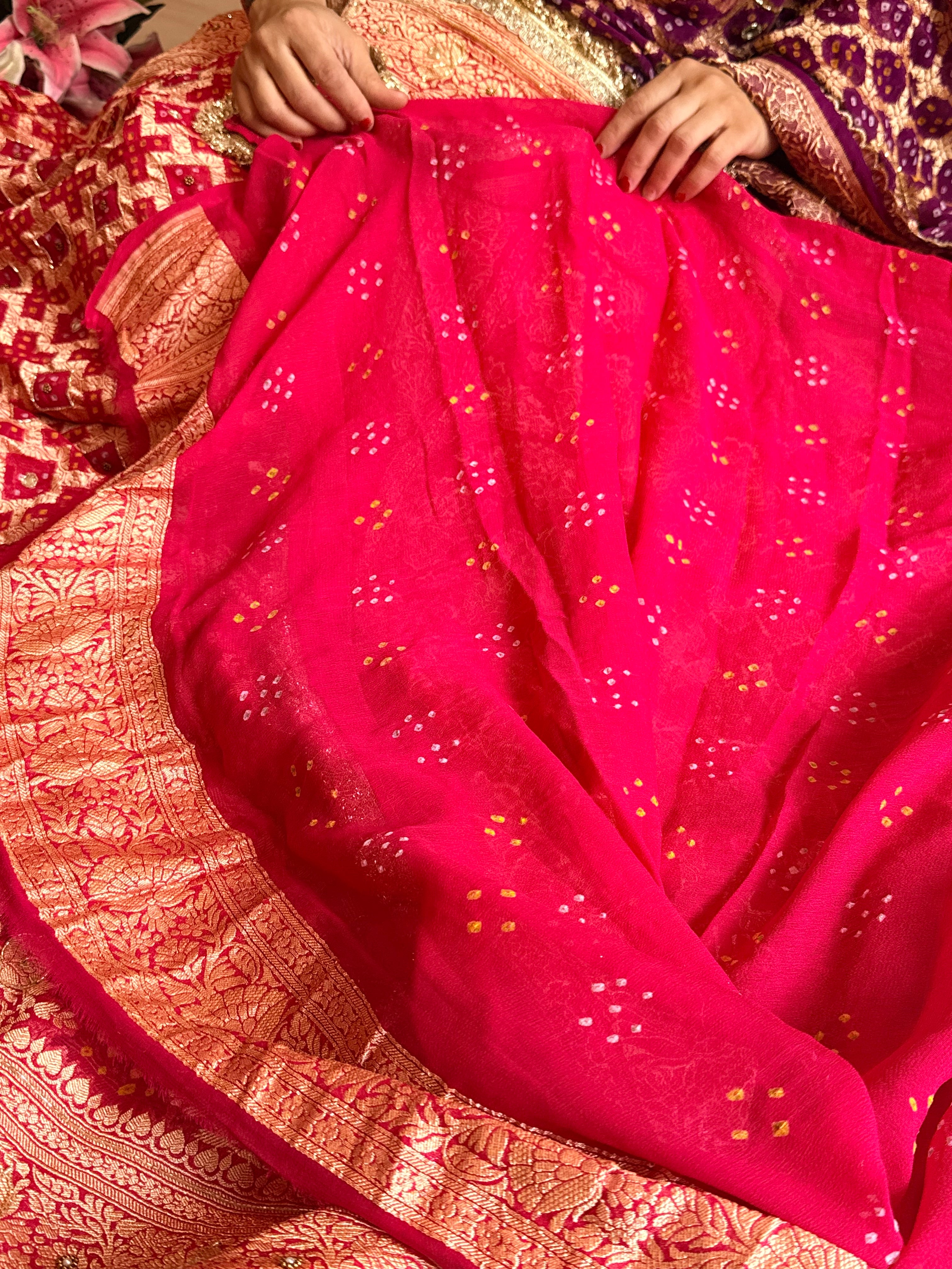 Banarasi chiffon gorgette rai bandhej kadhwa weaving hand embroidered saree