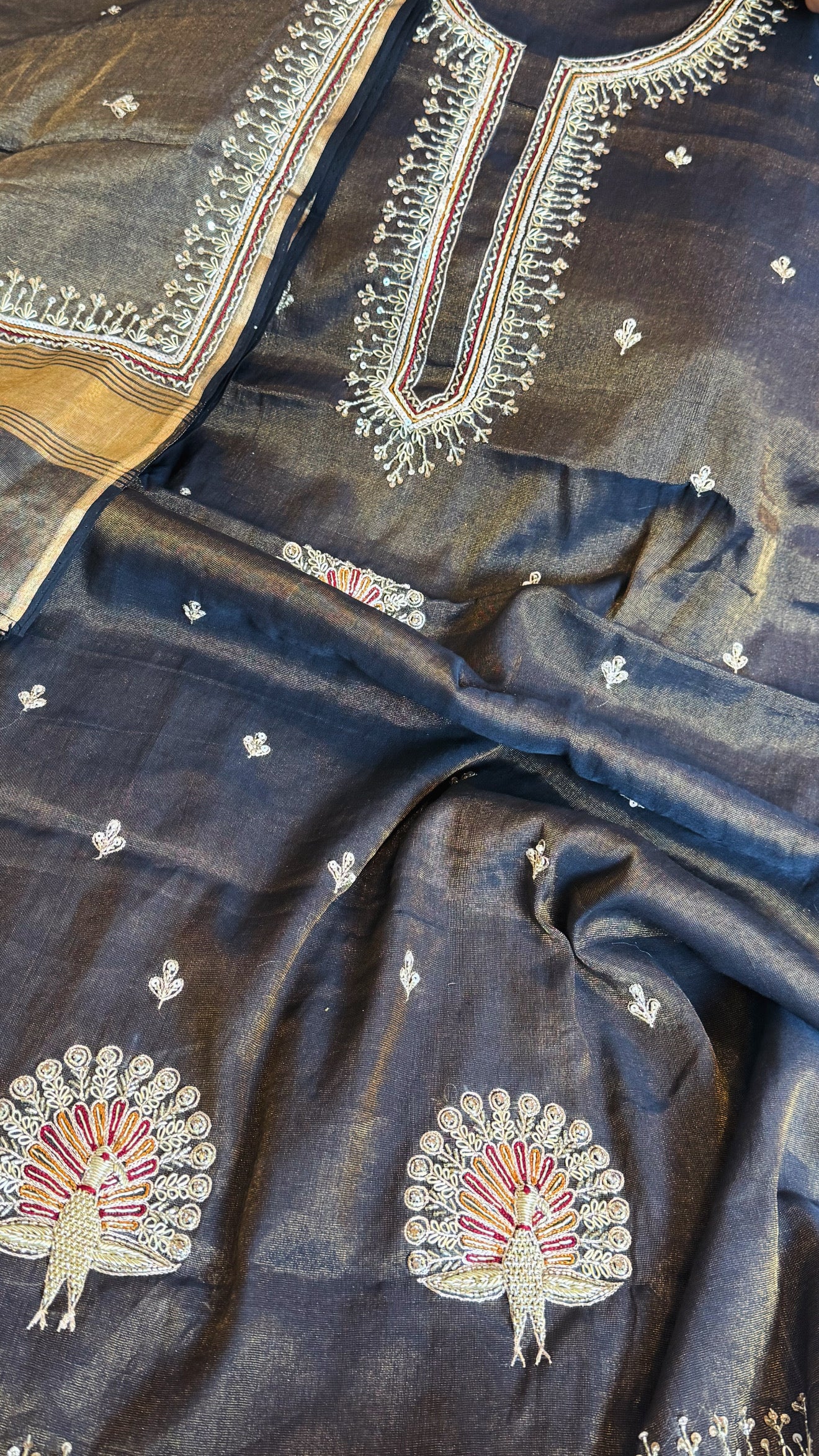 Metallic black mul cotton tissue silk hand embroidered kadhwa suit sets