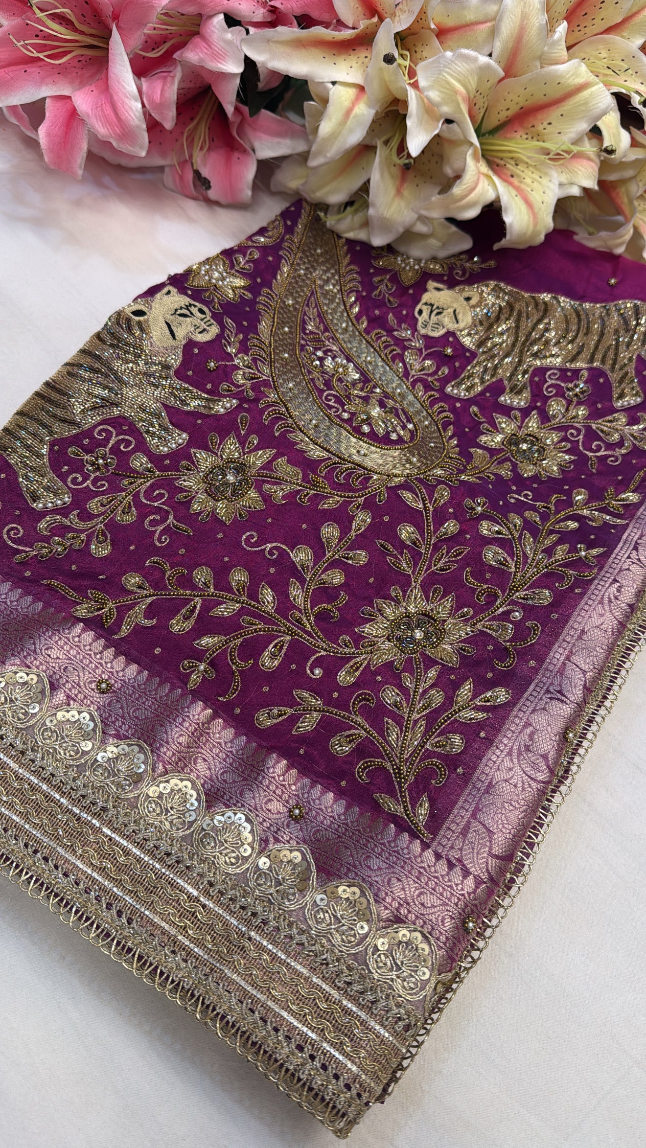 Magenta pink husn cheetah work hand embroidered tissue silk kadhwa saree