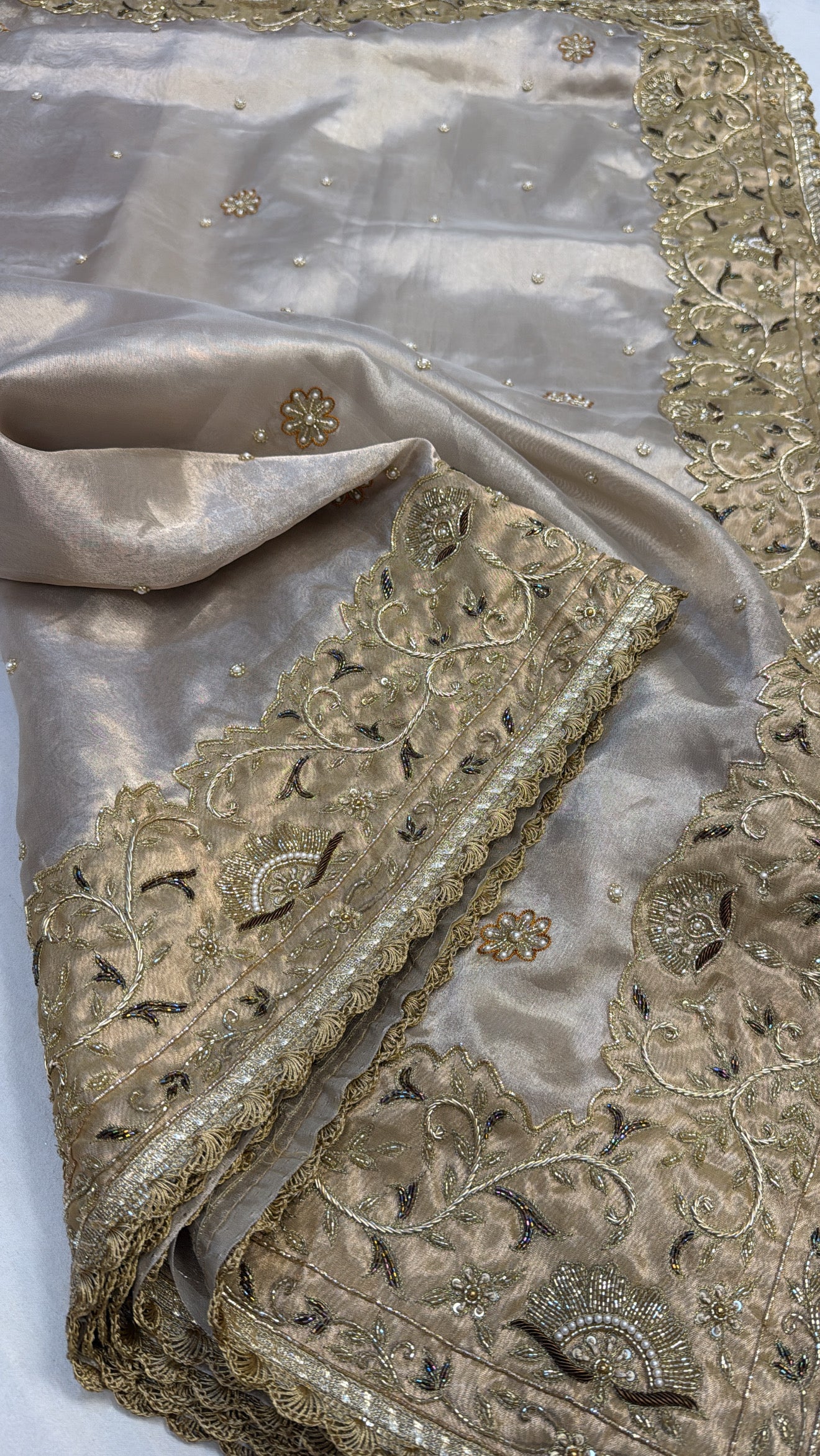 Golden heavy zardozi border diamond tissue silk hand embroidered saree