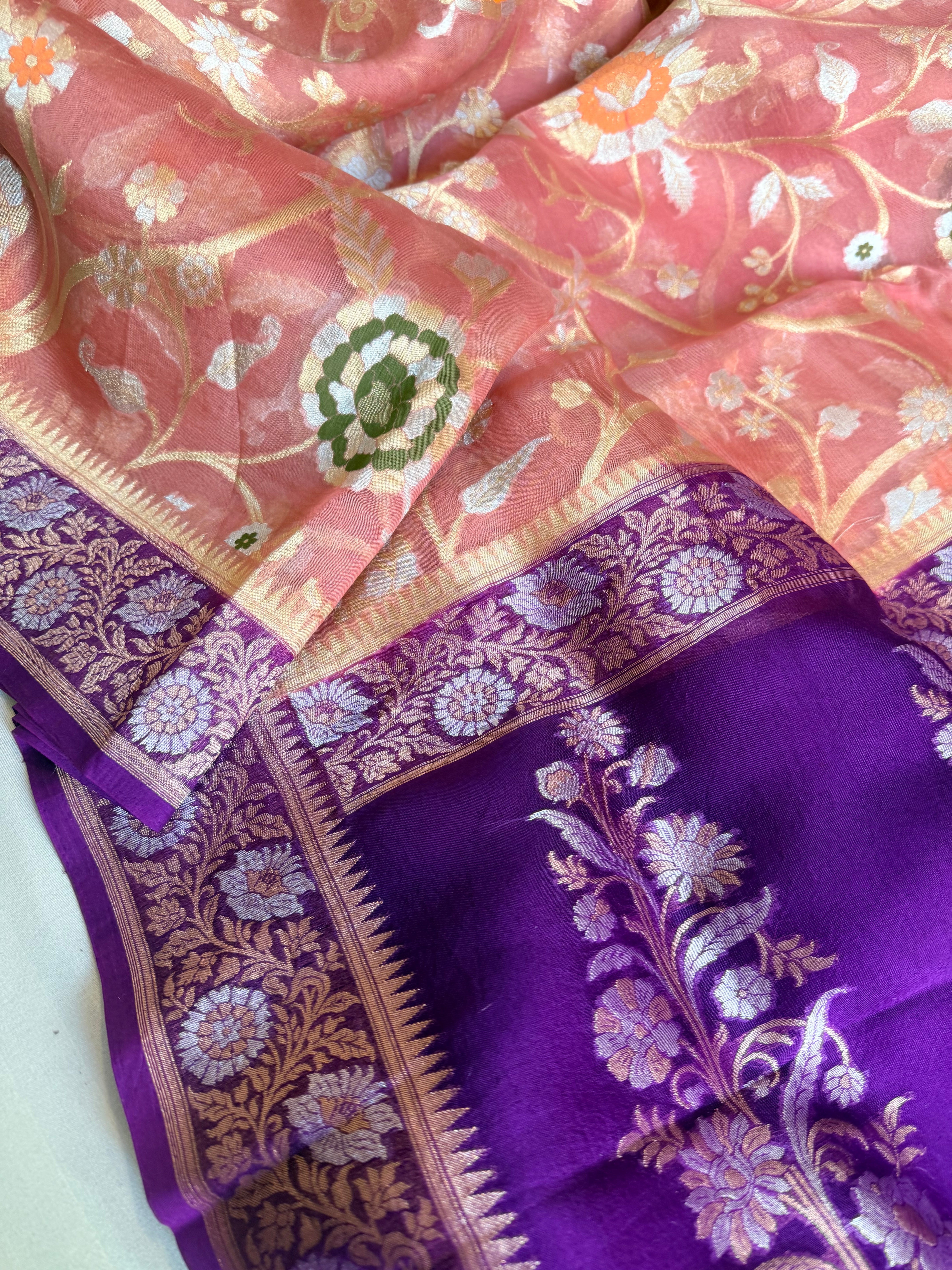 Kora silk kadhwa meenakari with contrast border pallu jamdani banarasi saree