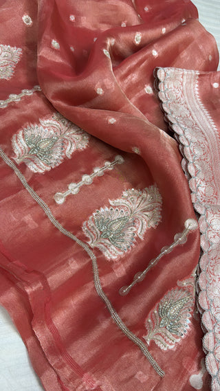 Shagun ke suits - Onion peach tissue silk silver zari hand embroidered suit sets