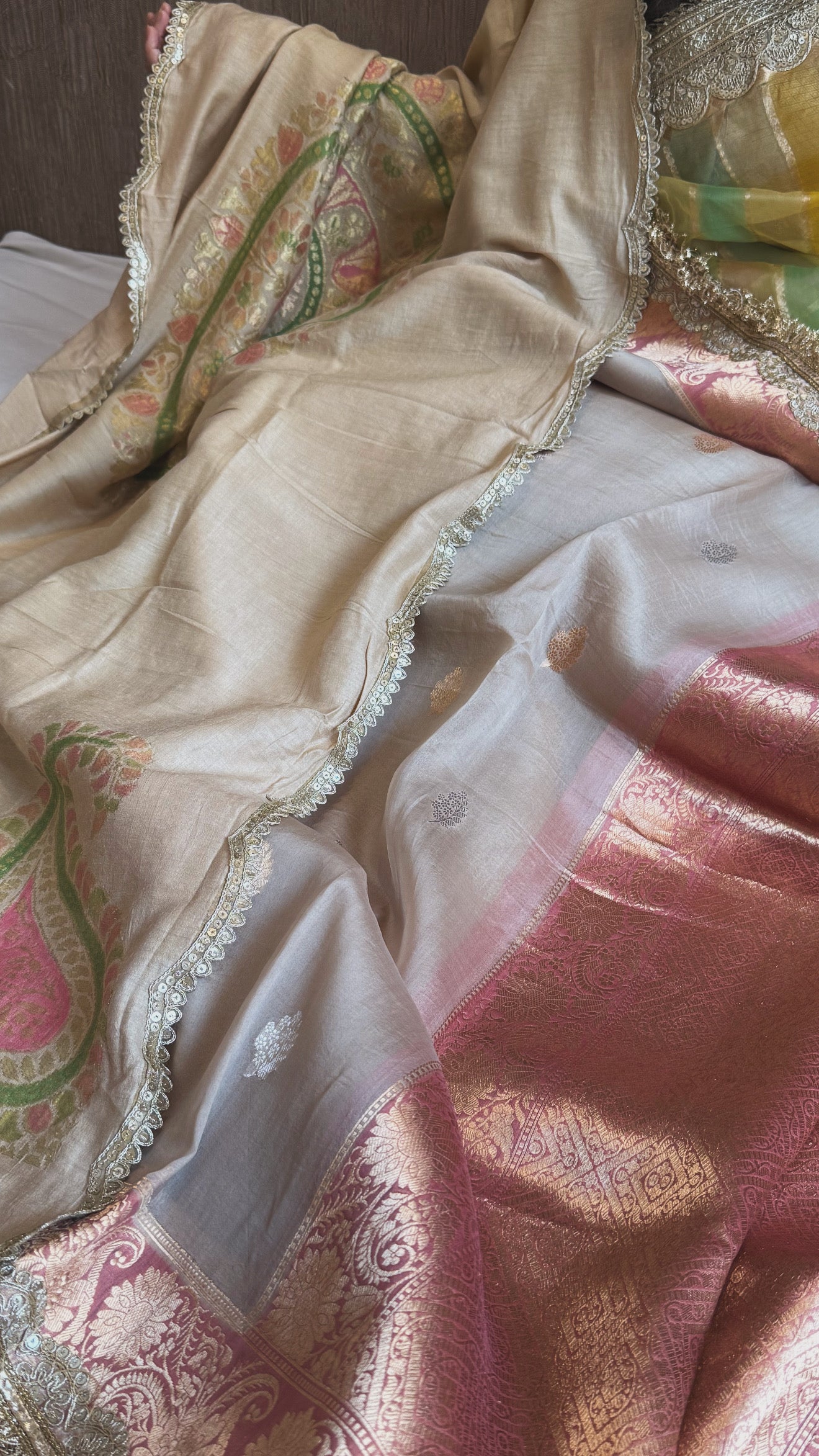 Kora silk chap dye contrast border kadhwa saree paired with moonga silk duppata