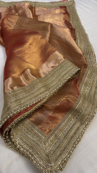 Maharani rust red tissue silk saree